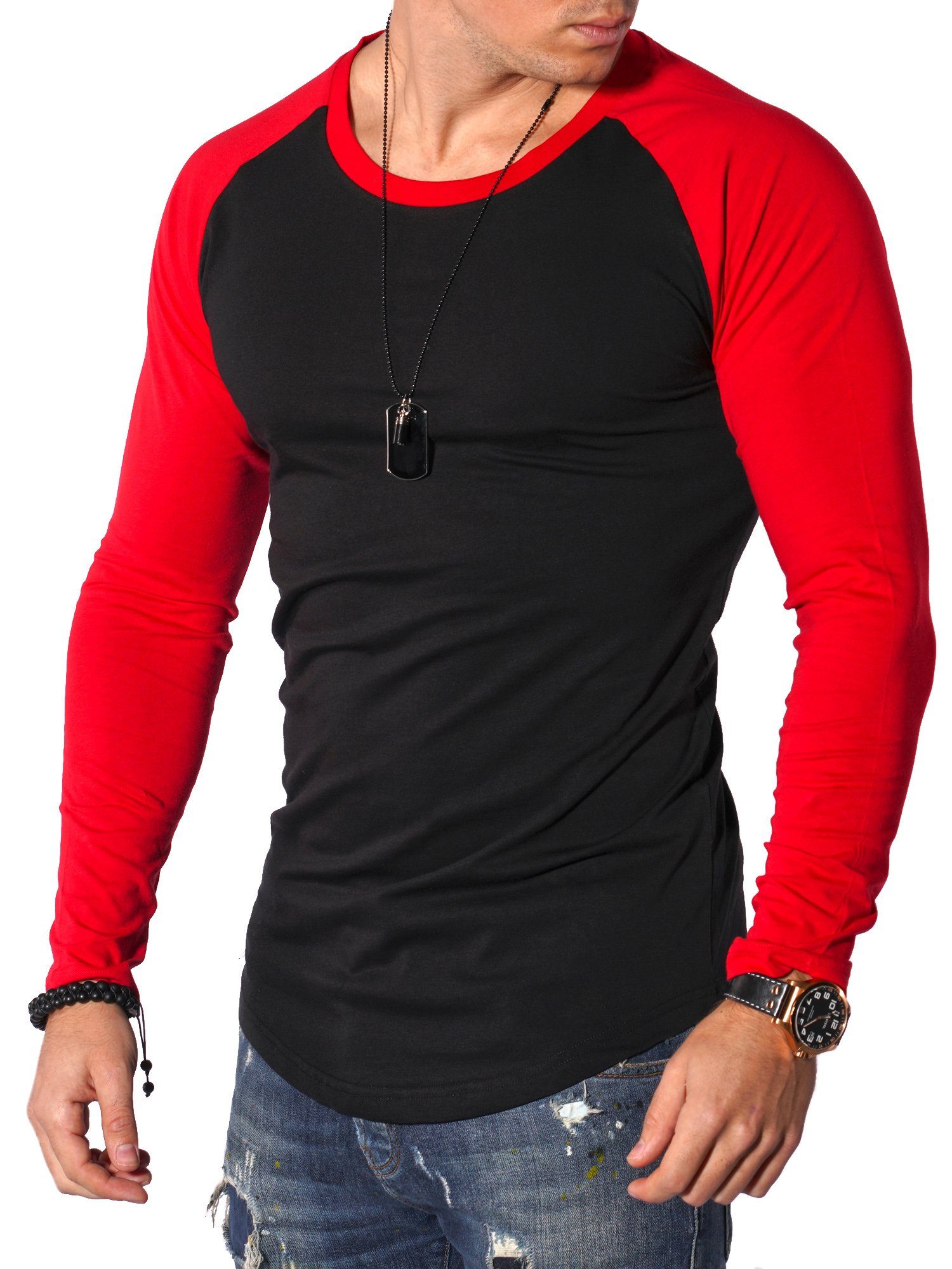 Raglan-Ärmeln mit Oversize-Schnitt im L/S behype schwarz-rot Langarmshirt RIO