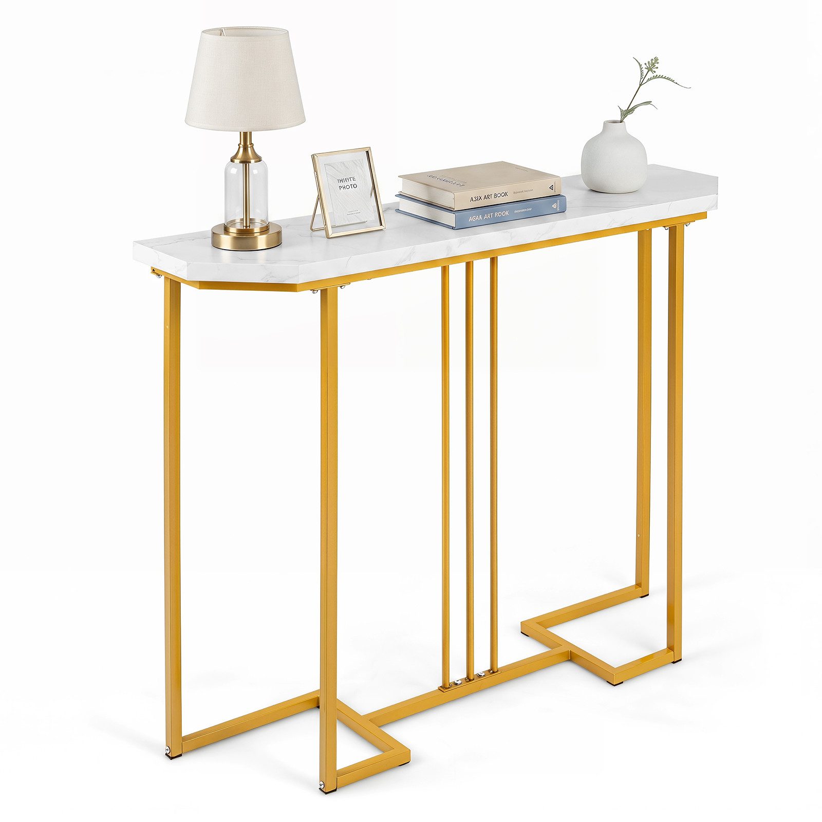 COSTWAY Konsolentisch, schmaler Flurtisch mit geometrischem Metallrahmen Marmor
