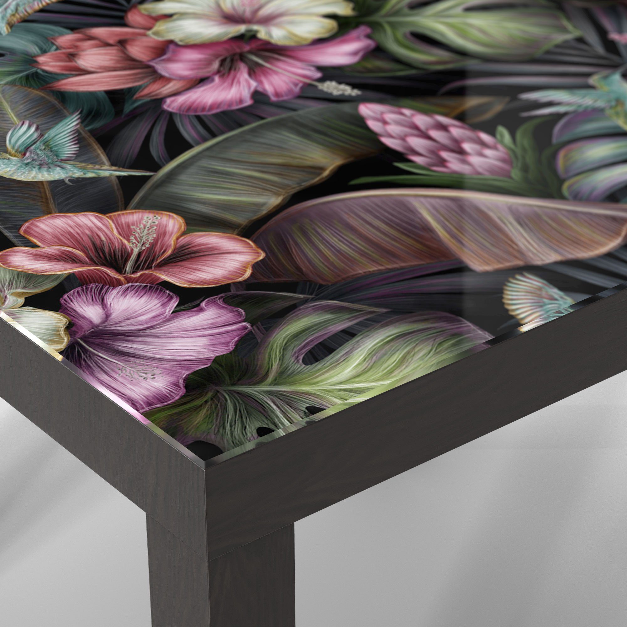 DEQORI Couchtisch 'Blüten, Blätter und Beistelltisch Schwarz Vögel', modern Glas Glastisch