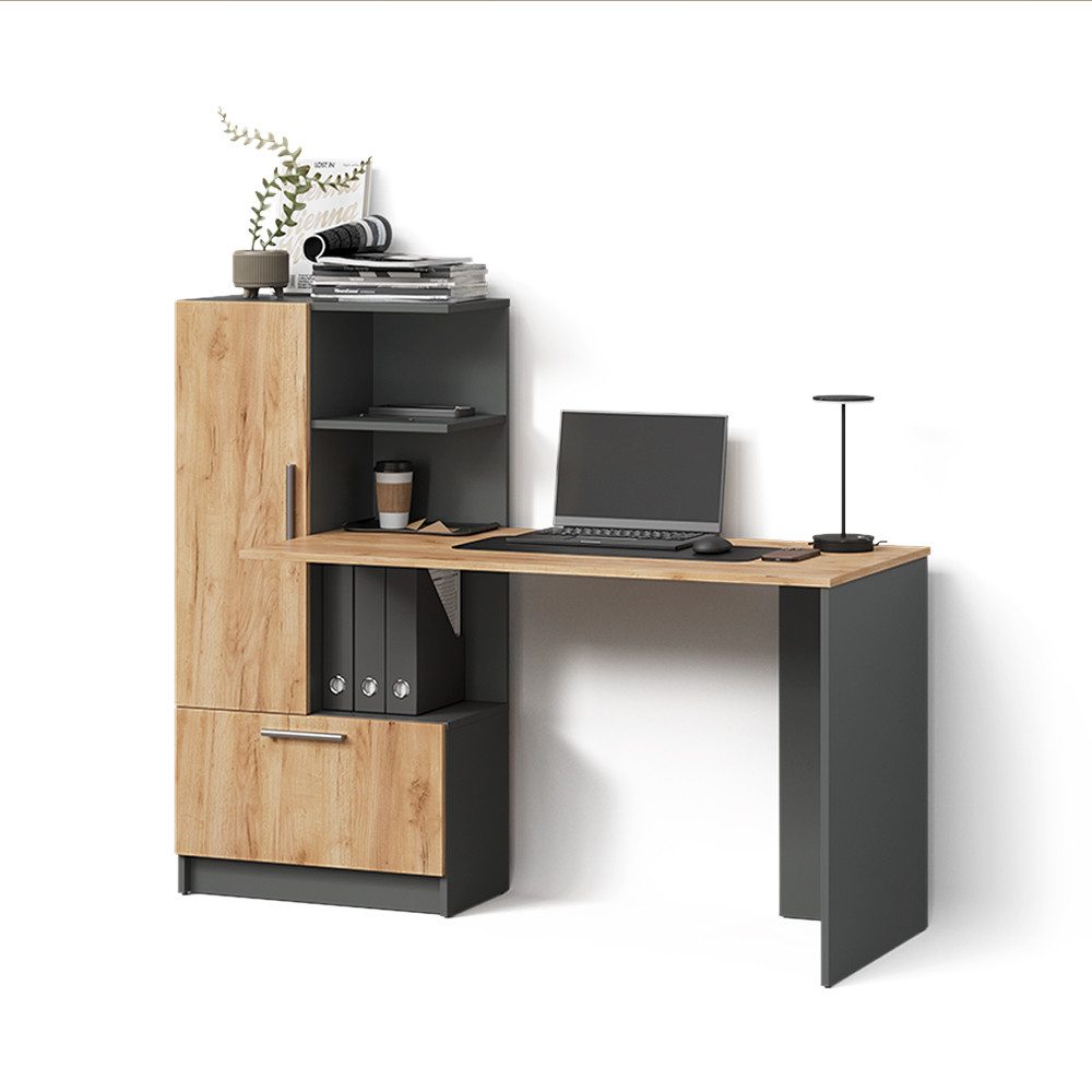 Livinity® Schreibtisch Lorena, Anthrazit/Goldkraft Eiche, 150 x 120.1 cm mit 2 Türen (1-St)