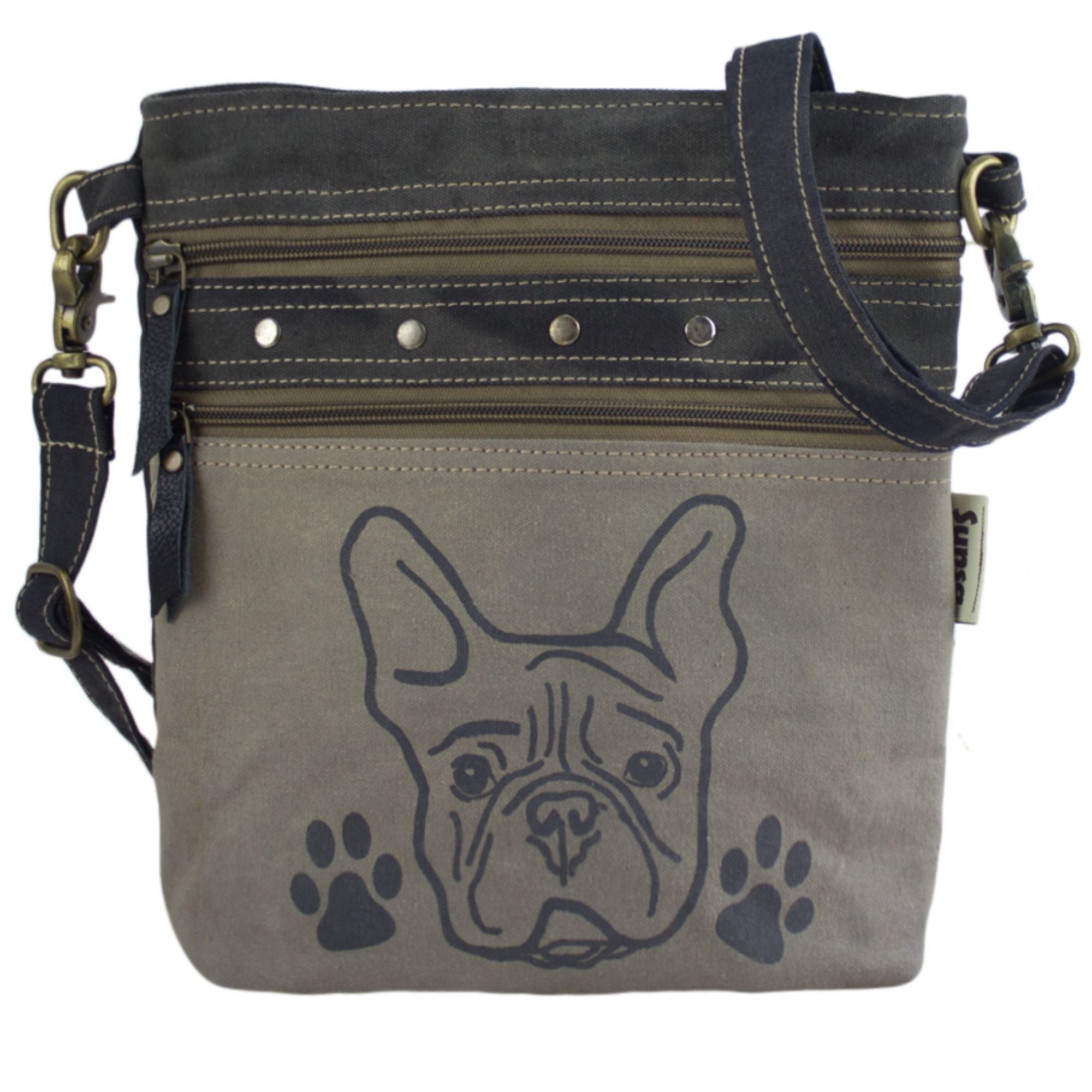 Sunsa Umhängetasche Canvas Crossbody Bag. Umhängetasche mit Hundemotiv Aufdruck. Graue Tasche für Sie/ Ihn, aus recyceltem Canvas