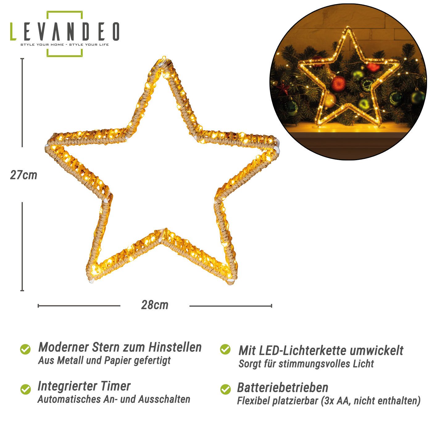 Levandeo® LED Stern, LED Dekoleuchte Stern H27cm Leuchtstern Weihnachten We günstig online kaufen