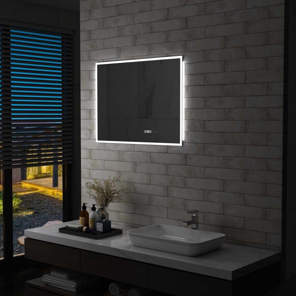 furnicato Wandspiegel LED-Badspiegel mit Berührungssensor und Zeitanzeige 80x60 cm