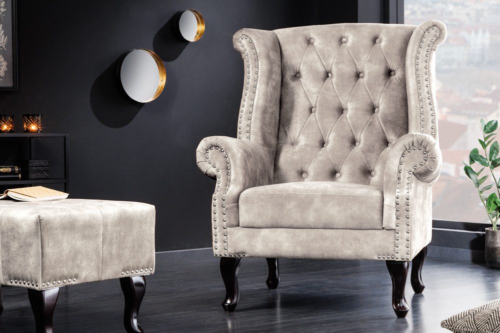 riess-ambiente Ohrensessel CHESTERFIELD 105cm champagner beige/silber- Samt, Ziernieten, Steppung (Einzelartikel, 1-St), gepolsterter Lesessel im Chesterfield-D – Bild 3 von 5