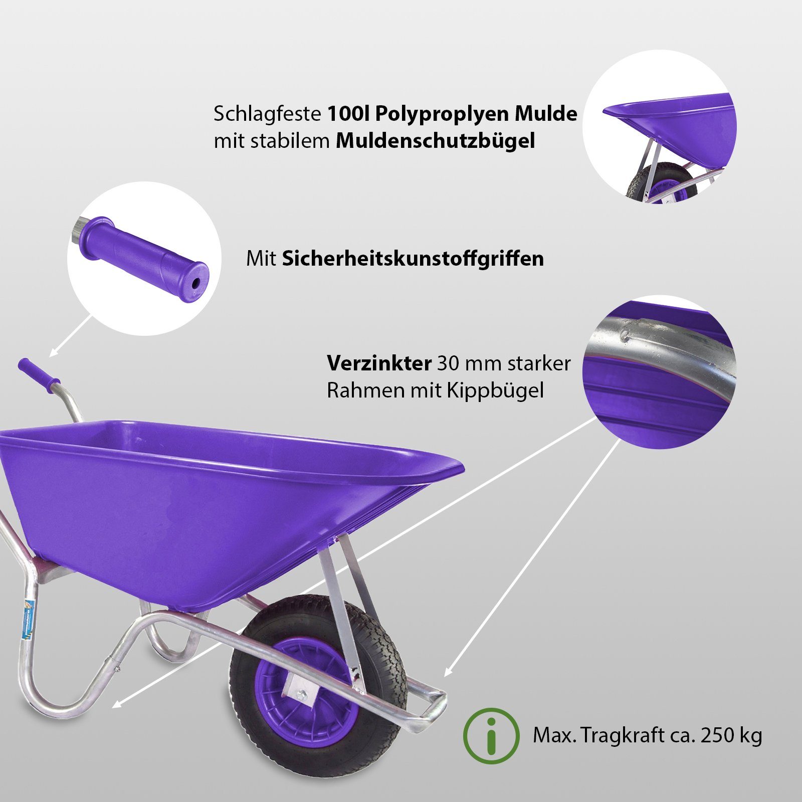 TRUTZHOLM Schubkarre 100L 250 kg Gartenschubkarre Schiebkarre schlagfeste Mulde, verstärkter Rahmen,Schutzbügel