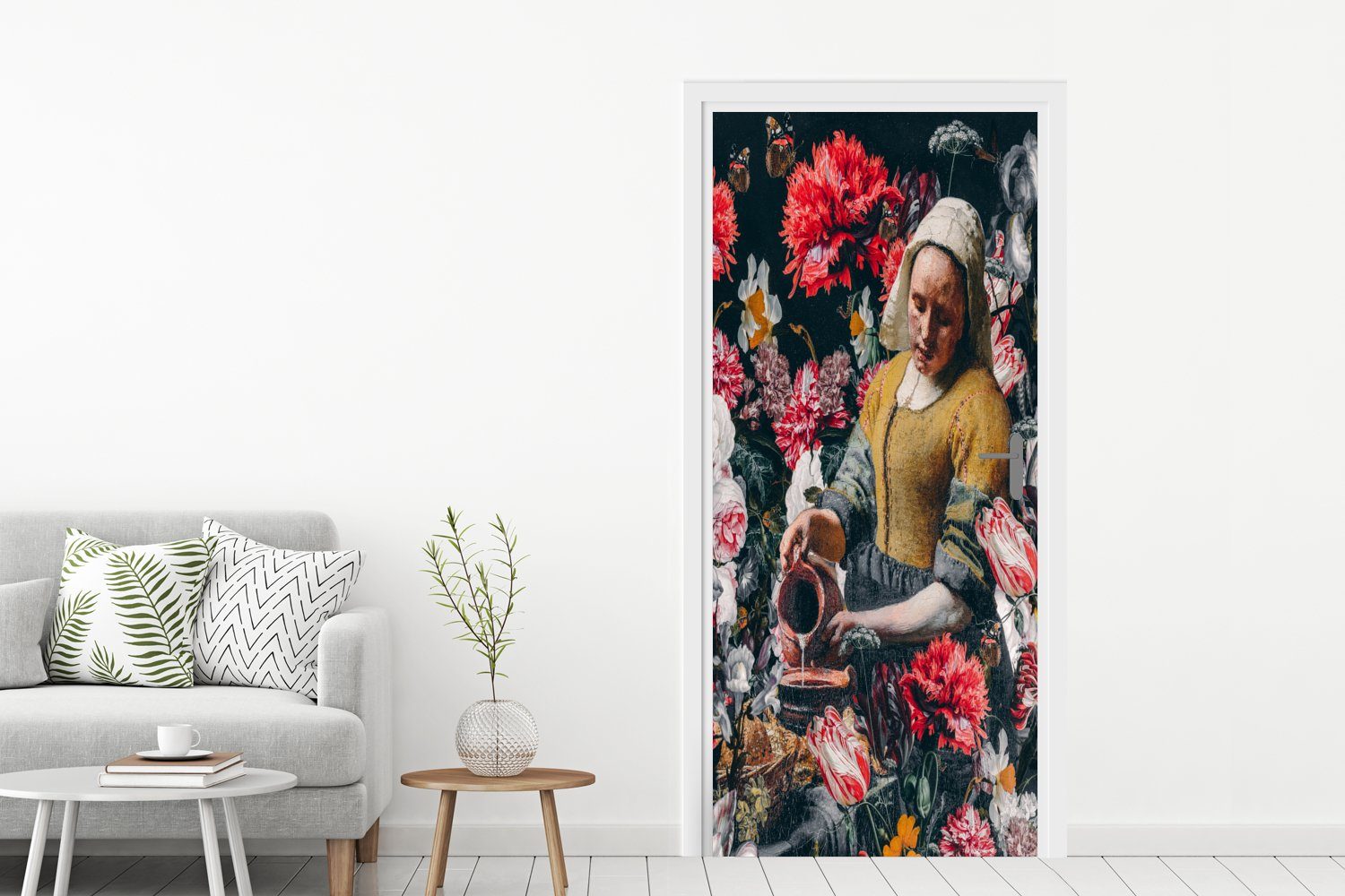 Blumen, 75x205 MuchoWow - - für St), Tür, cm Matt, (1 Türtapete Türaufkleber, Milchmädchen Vermeer bedruckt, Fototapete