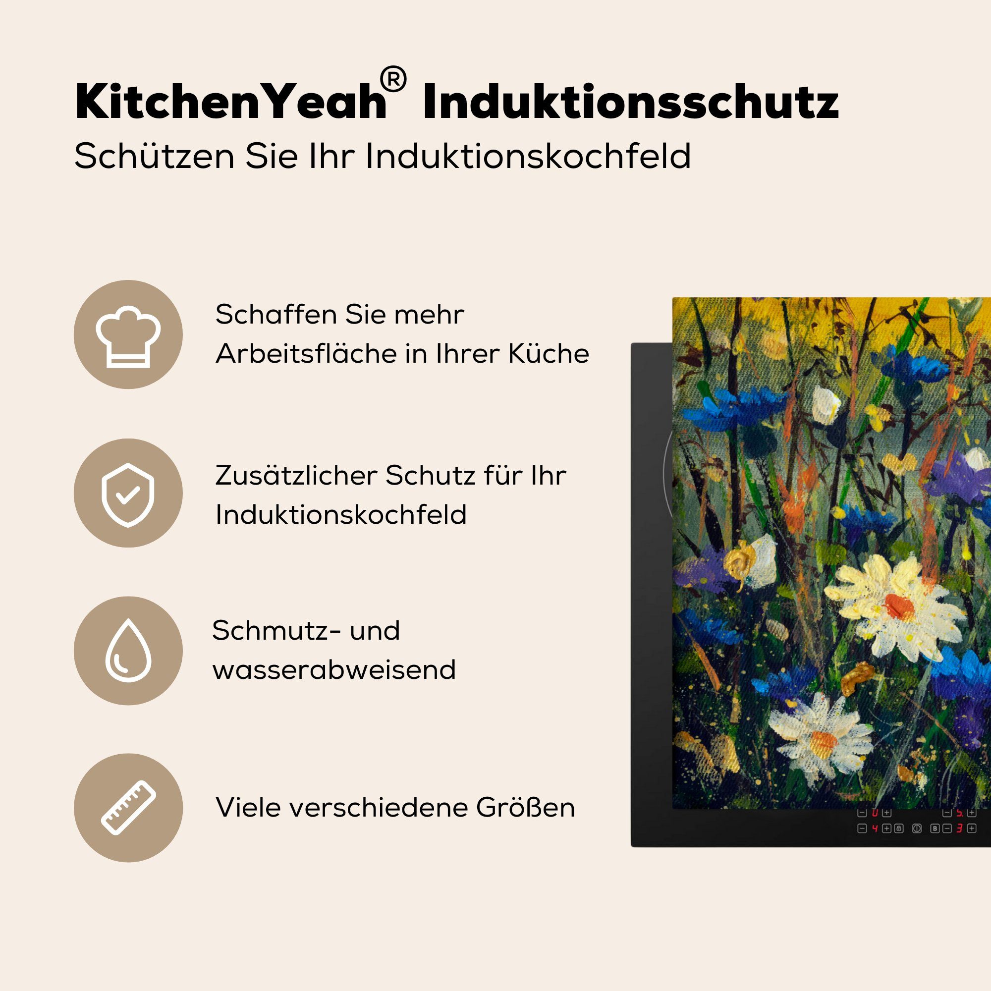 - für Ceranfeldabdeckung cm, MuchoWow Induktionskochfeld - 81x52 die (1 Vinyl, Ölfarbe Malerei, Herdblende-/Abdeckplatte tlg), küche, Blumen Schutz