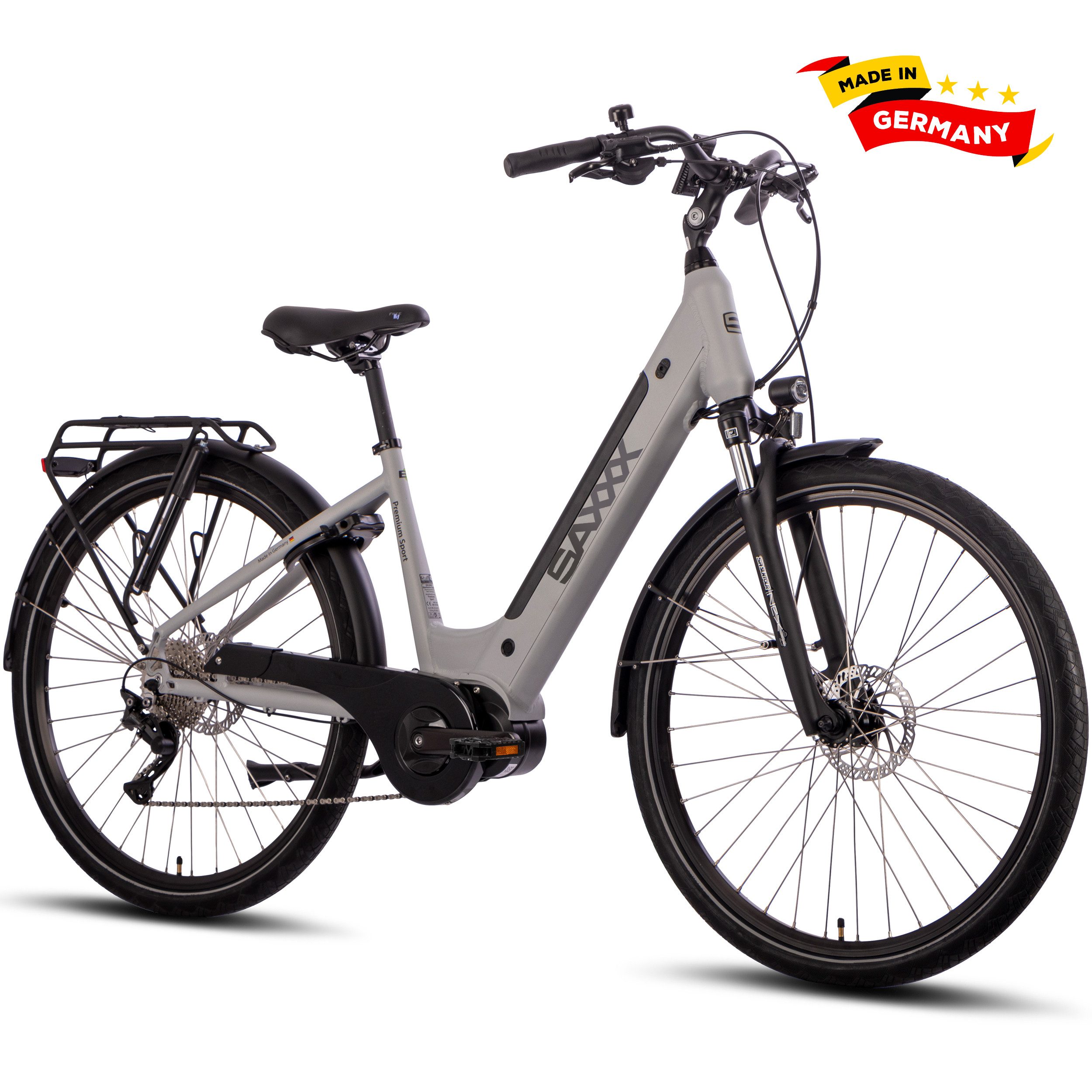SAXXX E-Bike Trekkingrad 28x2.0'' Damen&Herren, 522Wh, 100km, hydr. Scheibenbremse, max 130kg, 10 Gang SHIMANO Deore Schaltwerk, Kettenschaltung, Mittelmotor, 522 Wh, (mit Akku-Ladegerät, mit Akku-Schlüssel, mit Rahmenschloss), Akku entnehmbar, Federgabel, Pedelec, E-Trekkingrad mit Gepäckträger