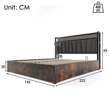 HAUSS SPLOE Polsterbett 140x200 mit aufladen USB und LED-Beleuchtung,Grau (Ohne Matratze)