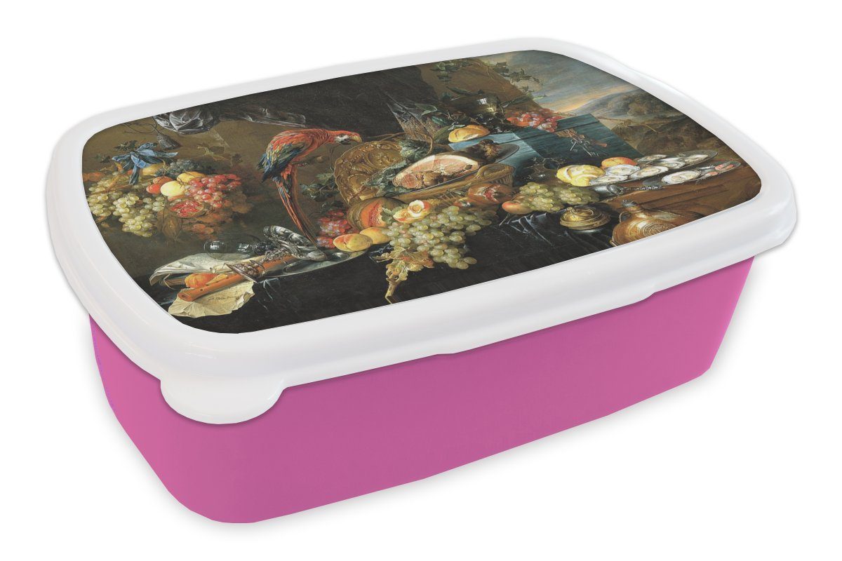 MuchoWow Lunchbox Ein reich gedeckter Tisch mit Papageien - Gemälde von Jan Davidsz de, Kunststoff, (2-tlg), Brotbox für Erwachsene, Brotdose Kinder, Snackbox, Mädchen, Kunststoff rosa
