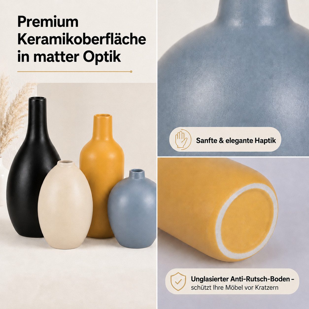 BlingBin Tischvase Keramikvase, kleine Vasen für getrocknete Blumen und Pampasgras (4er-Set, 4 St., Schwarze: 19,5×8 cm;Gelbe: 17×6,5 cm;Beige: 12×8 cm;Hellblaue: 10×8 cm), Dekovasen für Trockenblumen, Wohnzimmer, Regal und Tischdeko