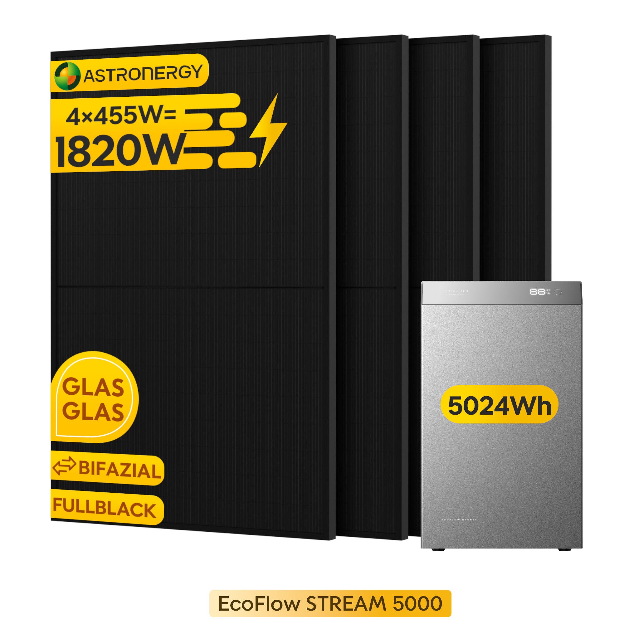Ecoflow Balkonkraftwerk EcoFlow STREAM 5000 Speicher 5024Wh, 1820W, (mit 4x Astronergy 455W Module), inkl. Smart Meter&Halterung (Optional)