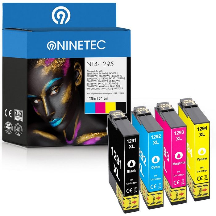 NINETEC 4er Set ersetzt Epson T1291-T1294 Tintenpatrone