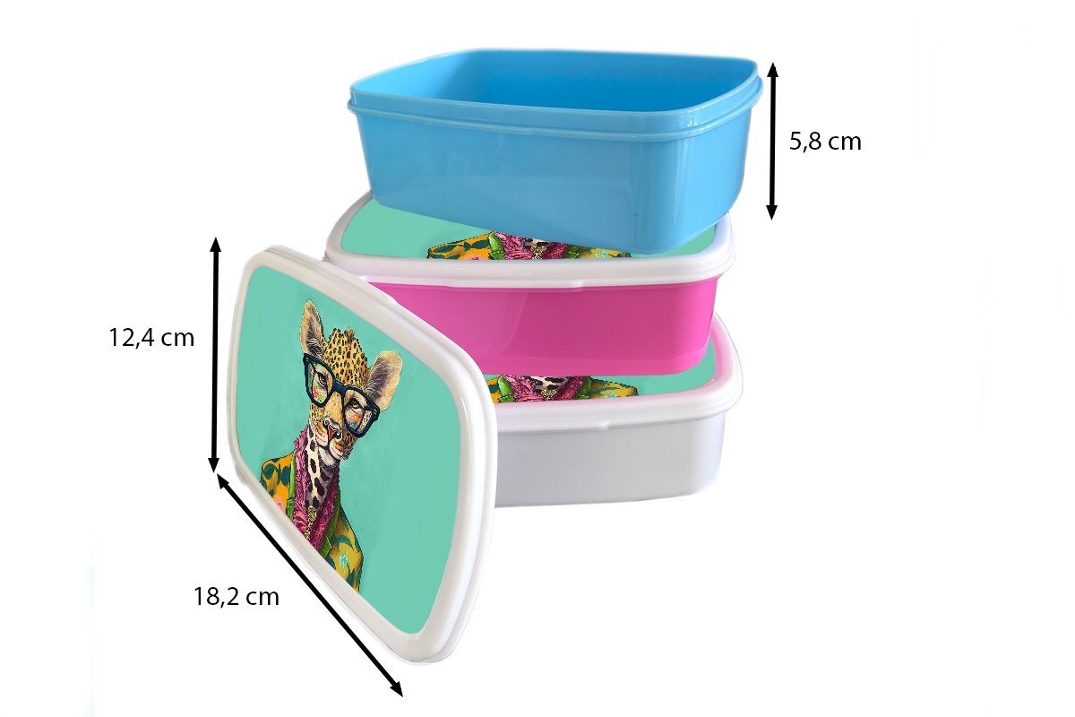 Giraffe Brotbox Brotdose, - Kunststoff, Jungs und Kinder Erwachsene, Brille und MuchoWow (2-tlg), für Design, Tiere Mädchen für weiß - Blätter - Lunchbox -
