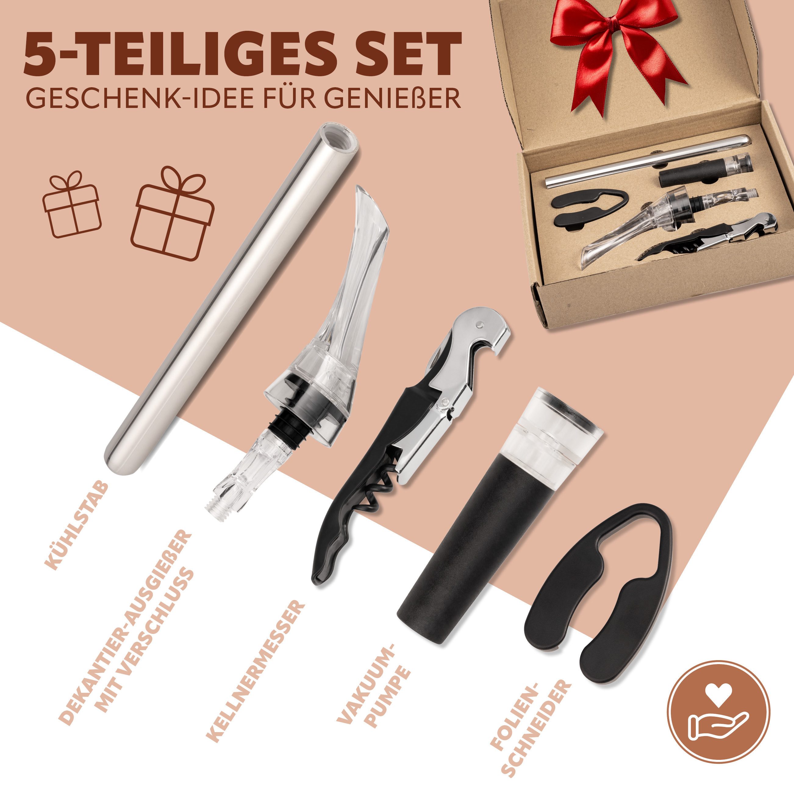 bremermann Sommelier-Set 5-tlges Wein-Set, inkl. Dekanter-Ausgießer, (5 tlg)