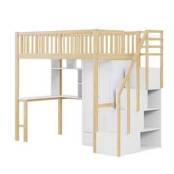 OKWISH Kinderbett Stauraumbett mit großem Kleiderschrank Regal und Tisch (90 x 200 cm, Stauraum Treppe Mehrzweckbetteinheit Holzbettgestell 90 x 200 cm), ohne Matratze