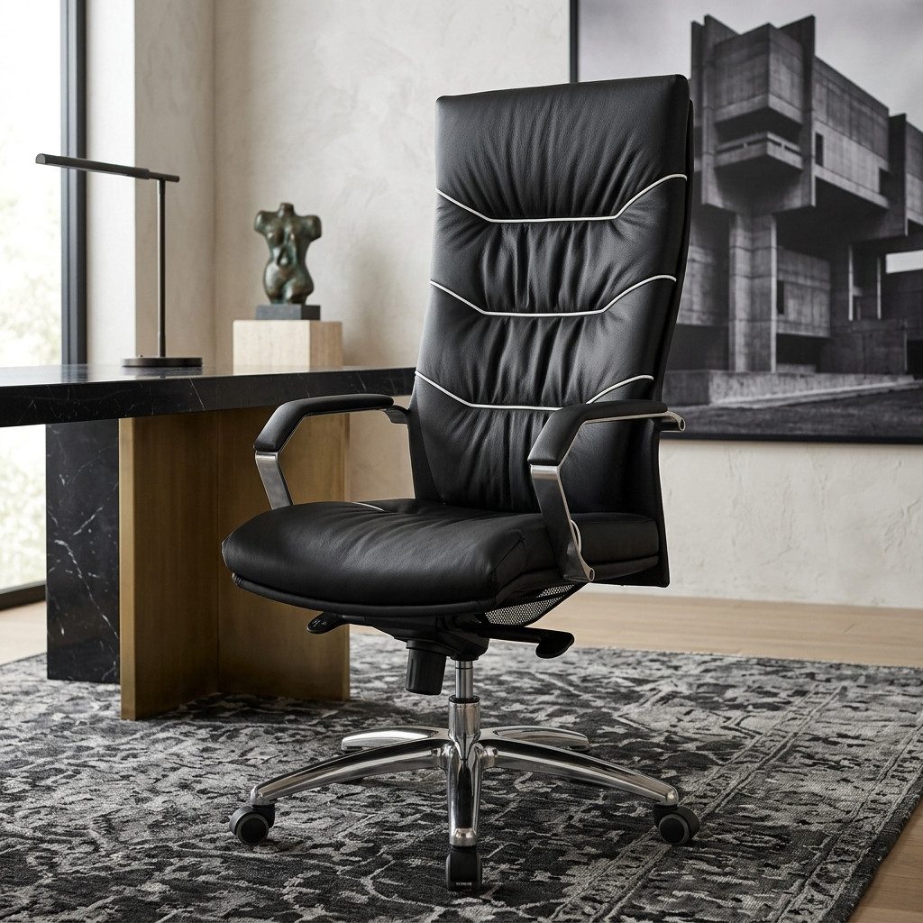 KADIMA DESIGN Bürostuhl Bürostuhl Echt-Leder schwarz Schreibtischstuhl (Chefsessel mit Kopfstütze & Multiblockmechanik), Design Drehstuhl verstellbar & hohe Rückenlehne