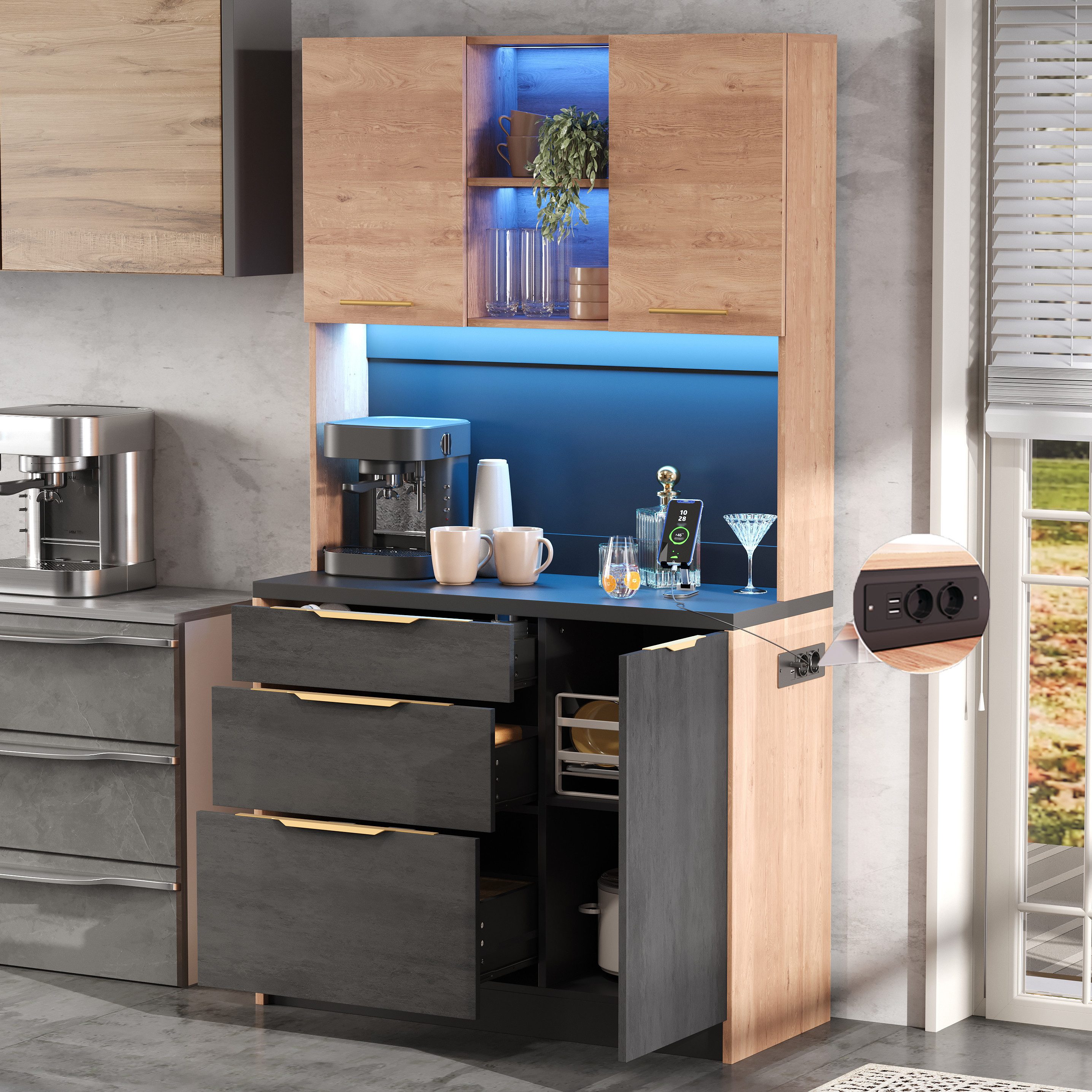 Flieks Küchenbuffet mit Steckdosen und LED-Beleuchtung, Holzoptik&Zementstrukturoptik (1-St., 100×40×180 cm) Küchenschrank Hochschrank mit schwarzer Arbeitsplatte und Schubladen