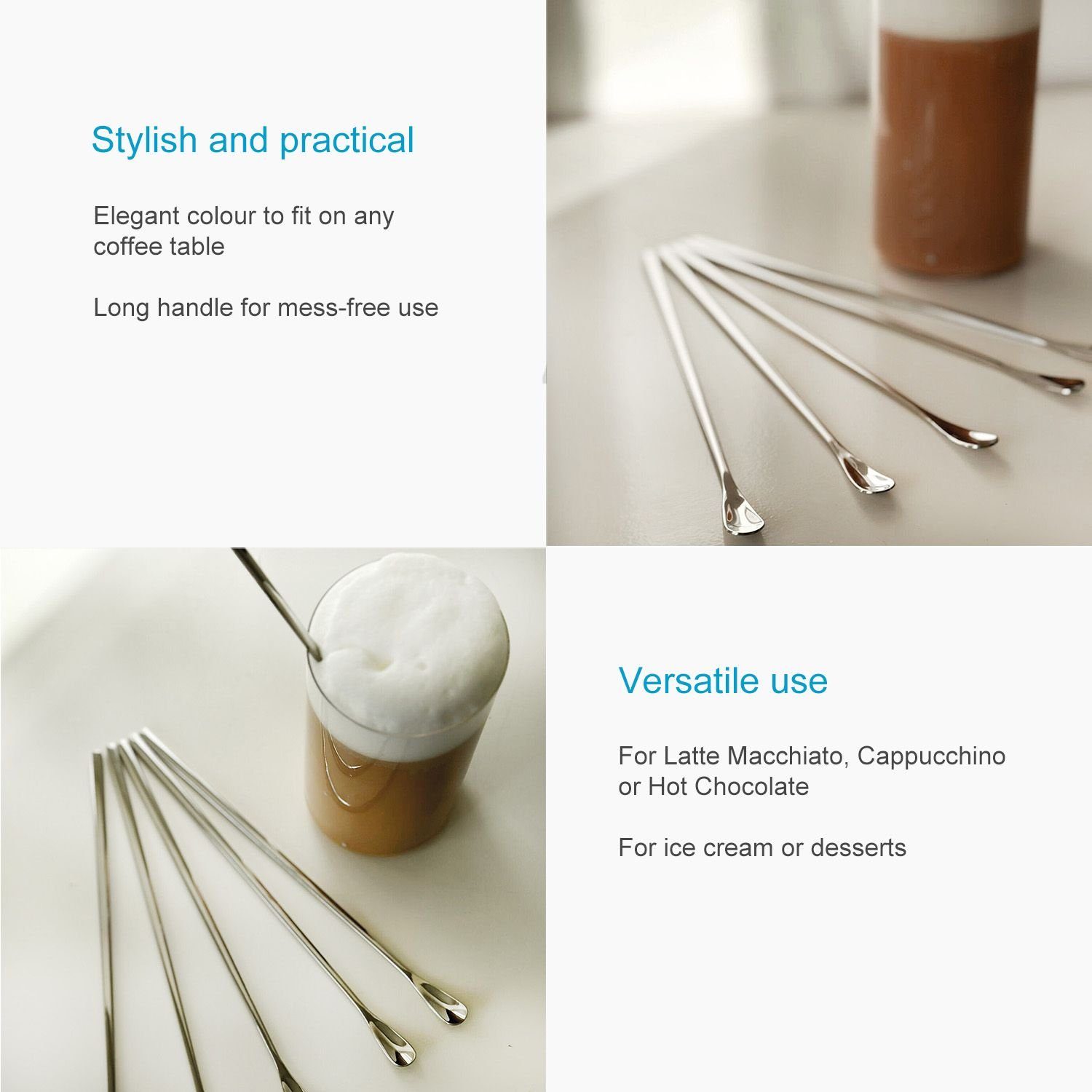Intirilife Latte-Macchiato-Löffel (6 Stück), Latte Macchiato Kaffee Löffel Edelstahl Silber 22 cm (6er Set)