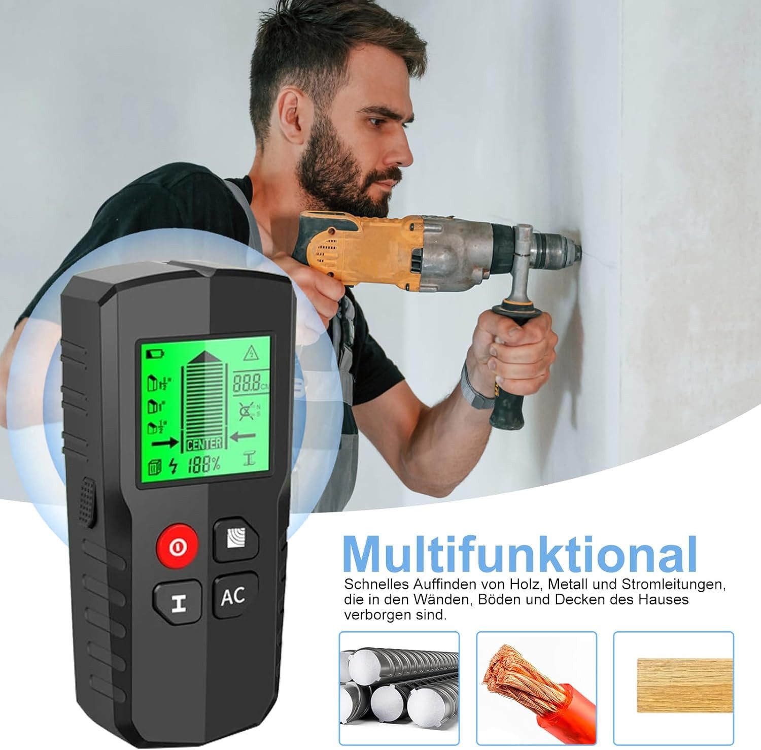 Thumbnail - EXTSUD Metalldetektor Leitungsfinder Leitungssucher Wand Kabelfinder Leitungssuchgerät, Ortungsgerät, Wanddetektor, Mess...