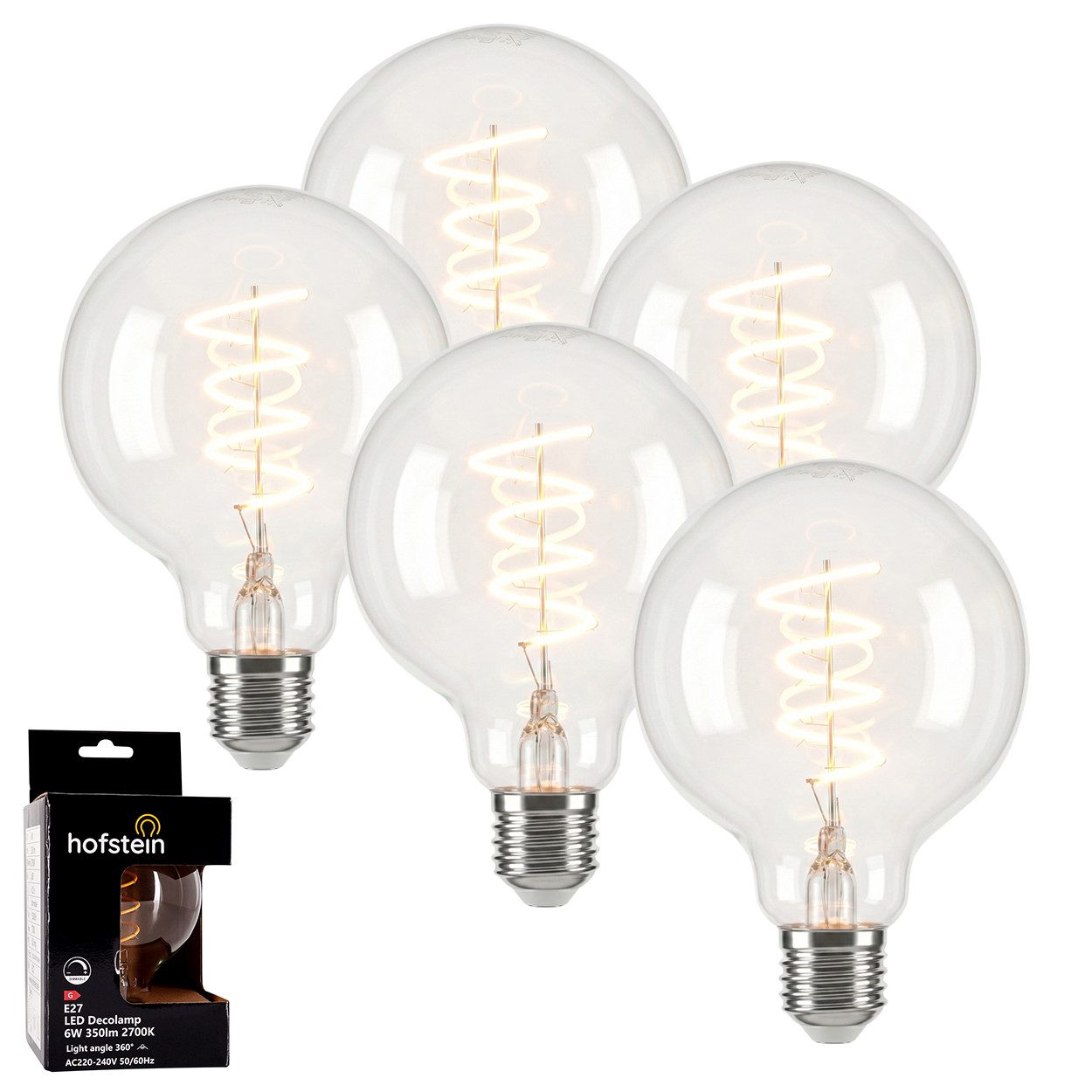 hofstein LED-Leuchtmittel 5er Set Glühbirne Warmweiß dimmbar 6 Watt, E27, 2700 Kelvin, 350 Lumen, Globe Vintage, Filament Spirale, Klar