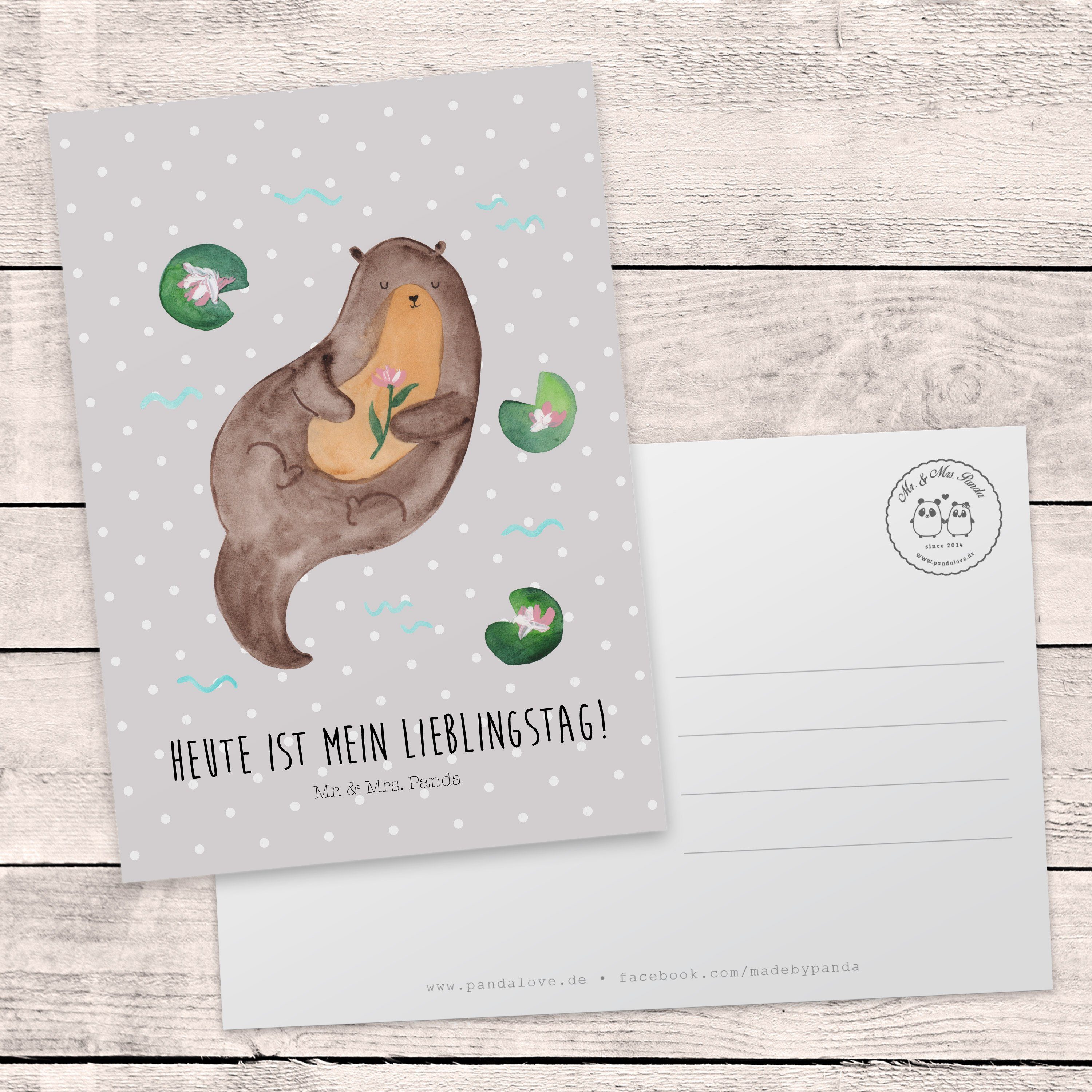 Mr. & Mrs. Panda Postkarte See Seerose Otter - Geschenk, mit Otter Pastell Grau Otter Seeotter 