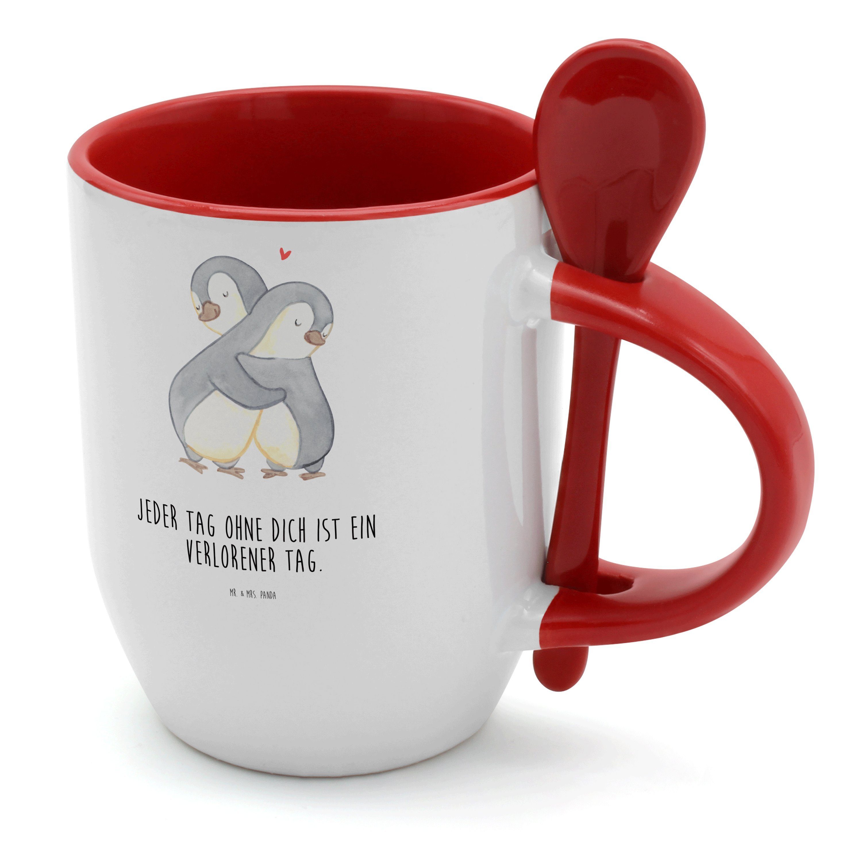 Mr. & Mrs. Panda Tasse Pinguine Kuscheln - Weiß - Geschenk, Liebesgeschenk, Tasse mit Löffel, Keramik