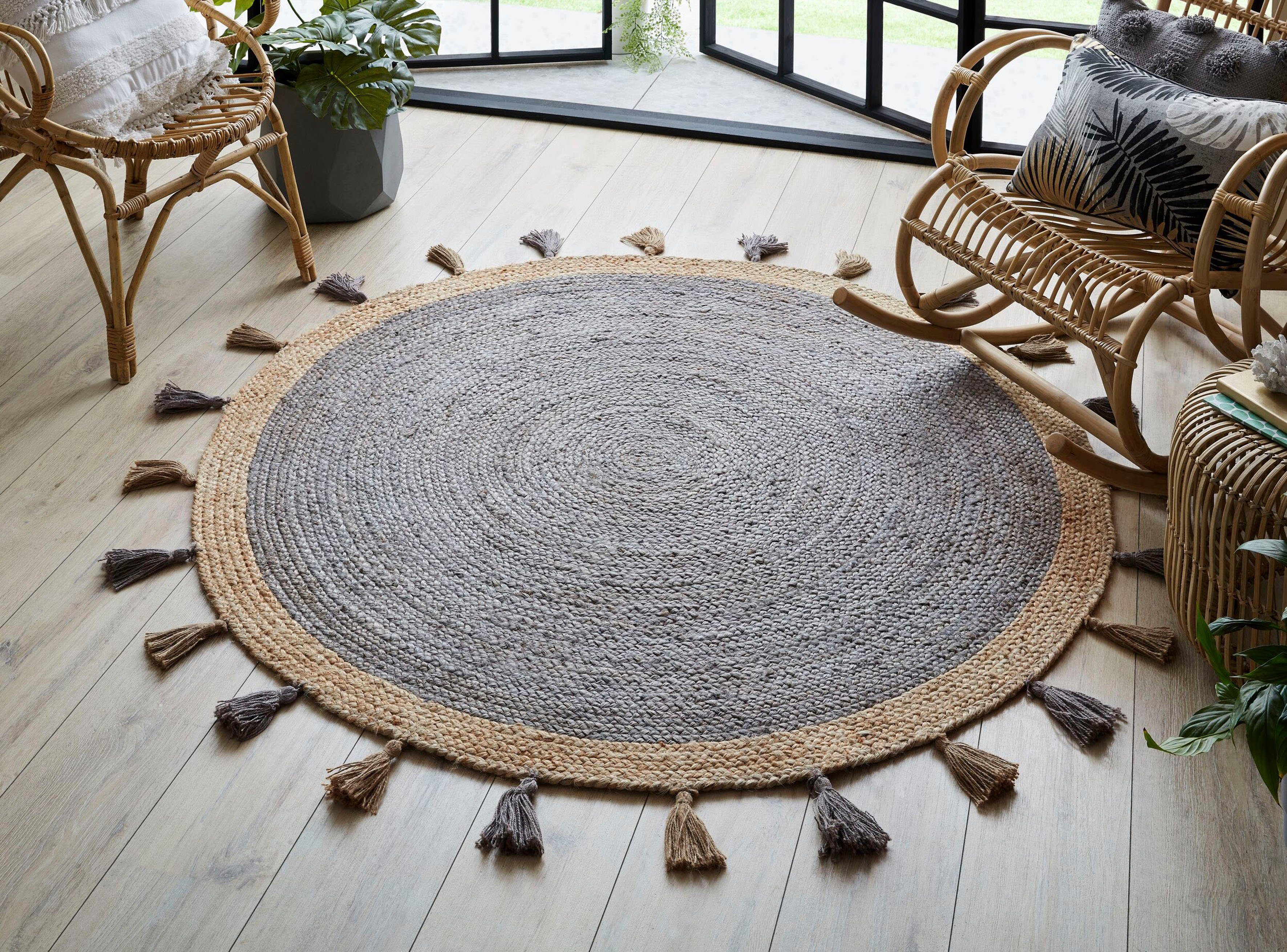 aus RUGS, 100% grau rund, Istanbul, Jute, Bordüre Quasten mm, Teppich Höhe: 7 & FLAIR mit