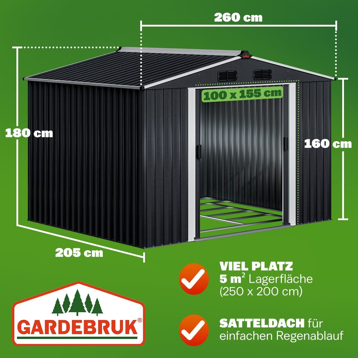 Gardebruk Gerätehaus, BxT: 205x260 cm, XXL Metall 5m² mit Fundament 260x205x180cm Schiebetür Metallic-Grau