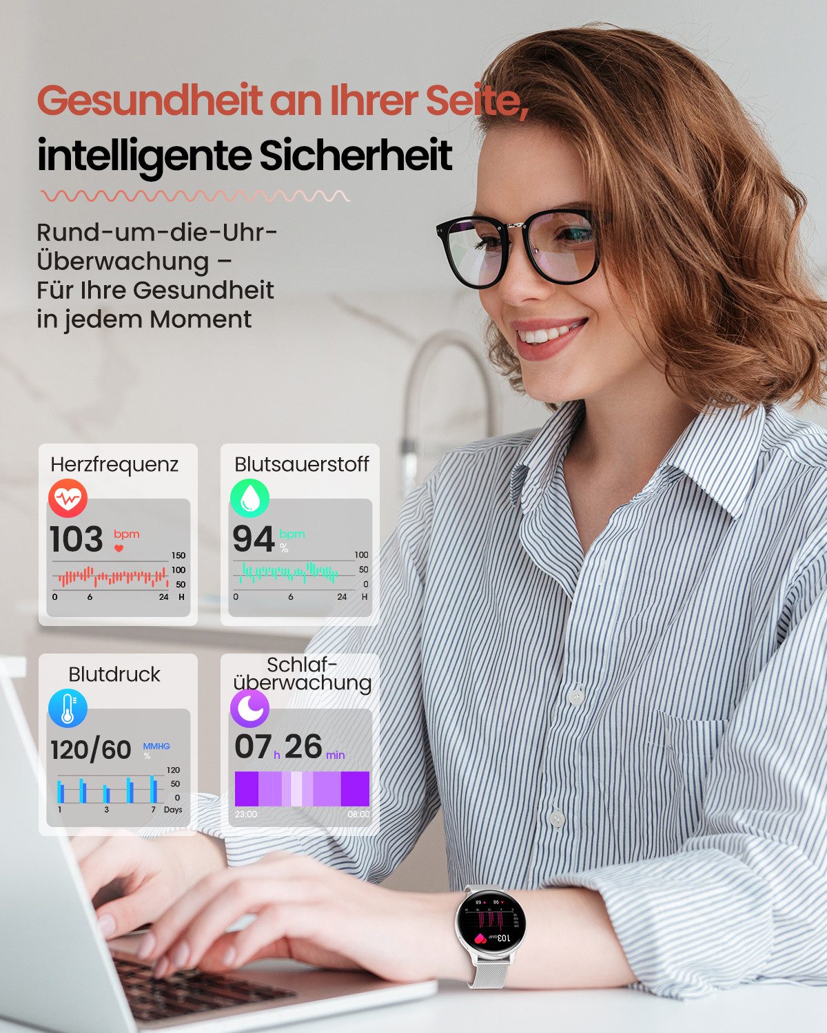 FOSMET 2026 Neue Smartwatch Damen,1.27" AMOLED,Bluetooth-Anruffunktion Smartwatch (3.23 cm) Pulsuhr,Schlafmonitor,SpO2, Watch, Sportuhr, Fitnessuhr Damen, IP68/mit Herzfrequenz/SpO2/Blutdruck/Schlafüberwachungsfunktion