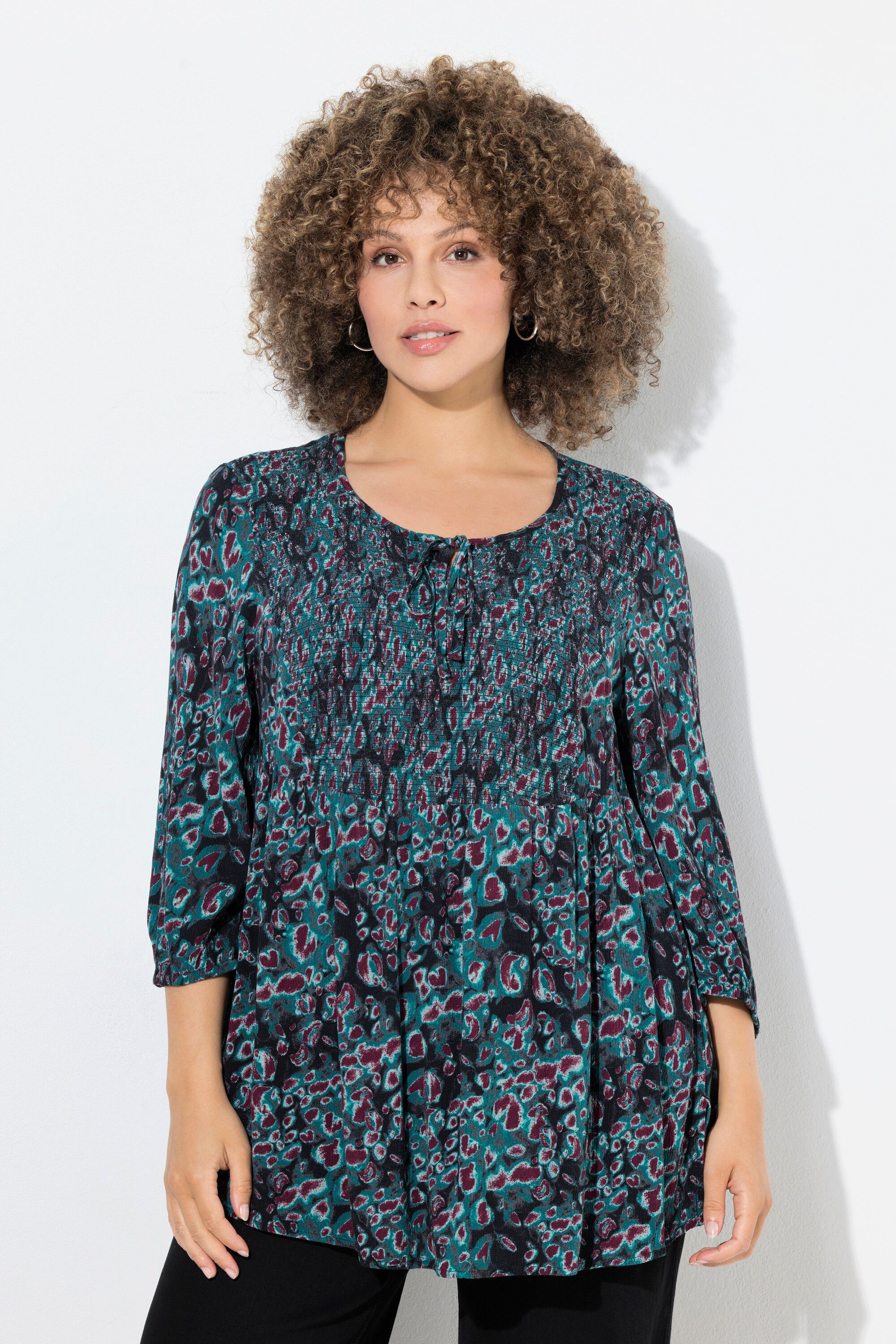 Ulla Popken Tunika Smokbluse Leomuster A-Linie Rundhals 3/4-Arm günstig online kaufen