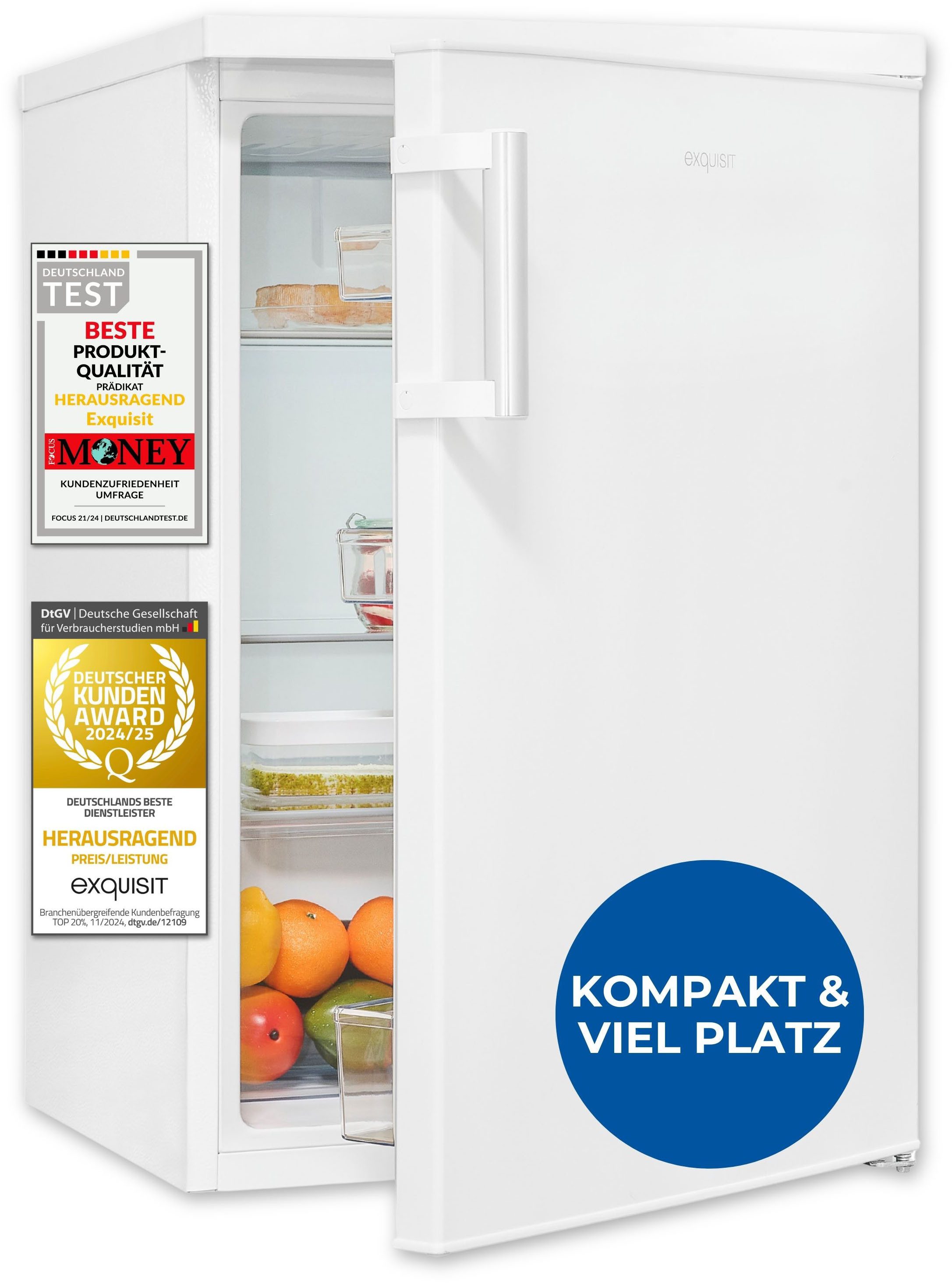 exquisit Kühlschrank KS16-V-H-010C weiss, 84,5 cm hoch, 56 cm breit, Sparsam, leise & praktisch: 133 L Mini-Kühlschrank für 1–2 Personen