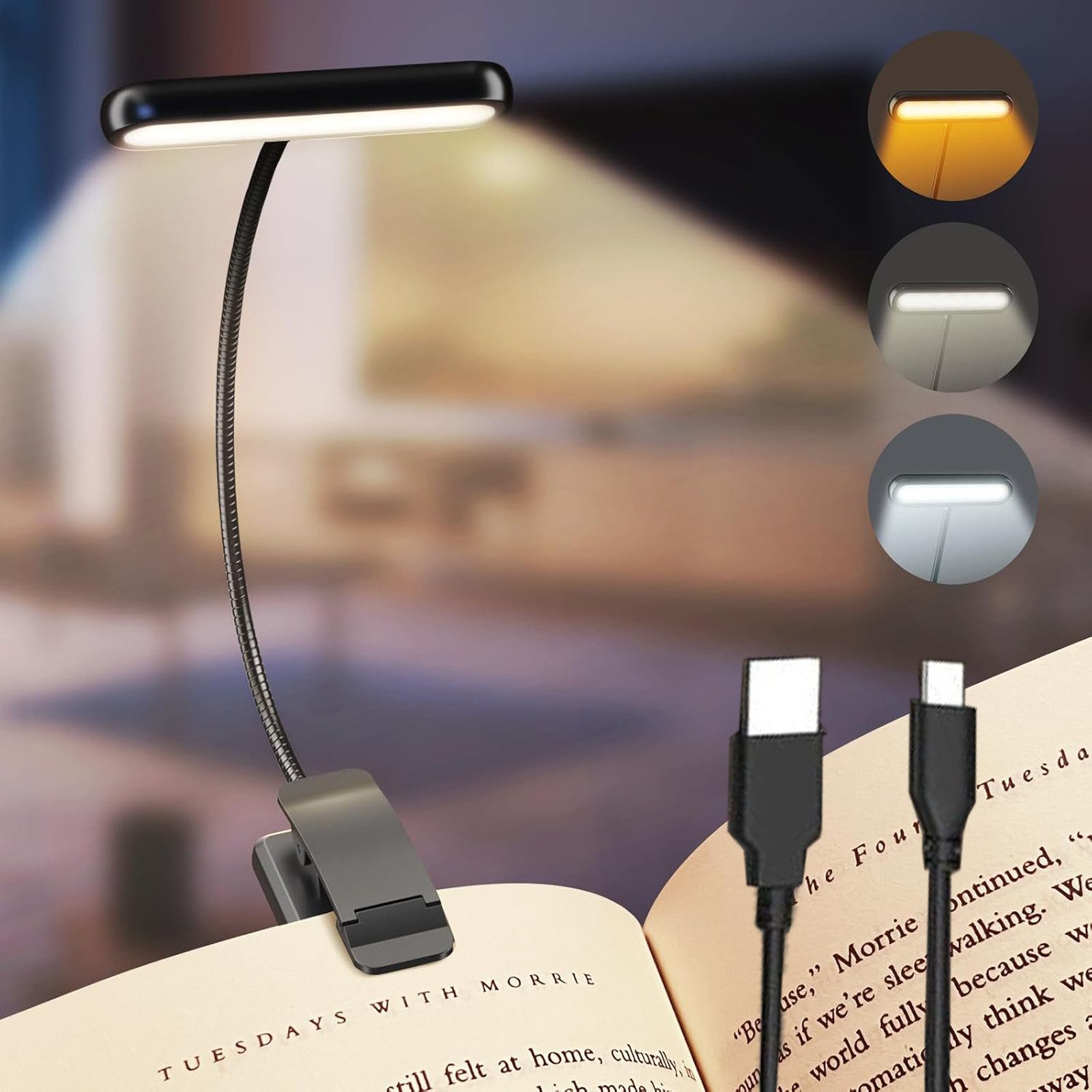 MUPOO LED Leselampe Klemmlampe Breites Licht, USB Aufladbar, 3 Farben & 10 günstig online kaufen
