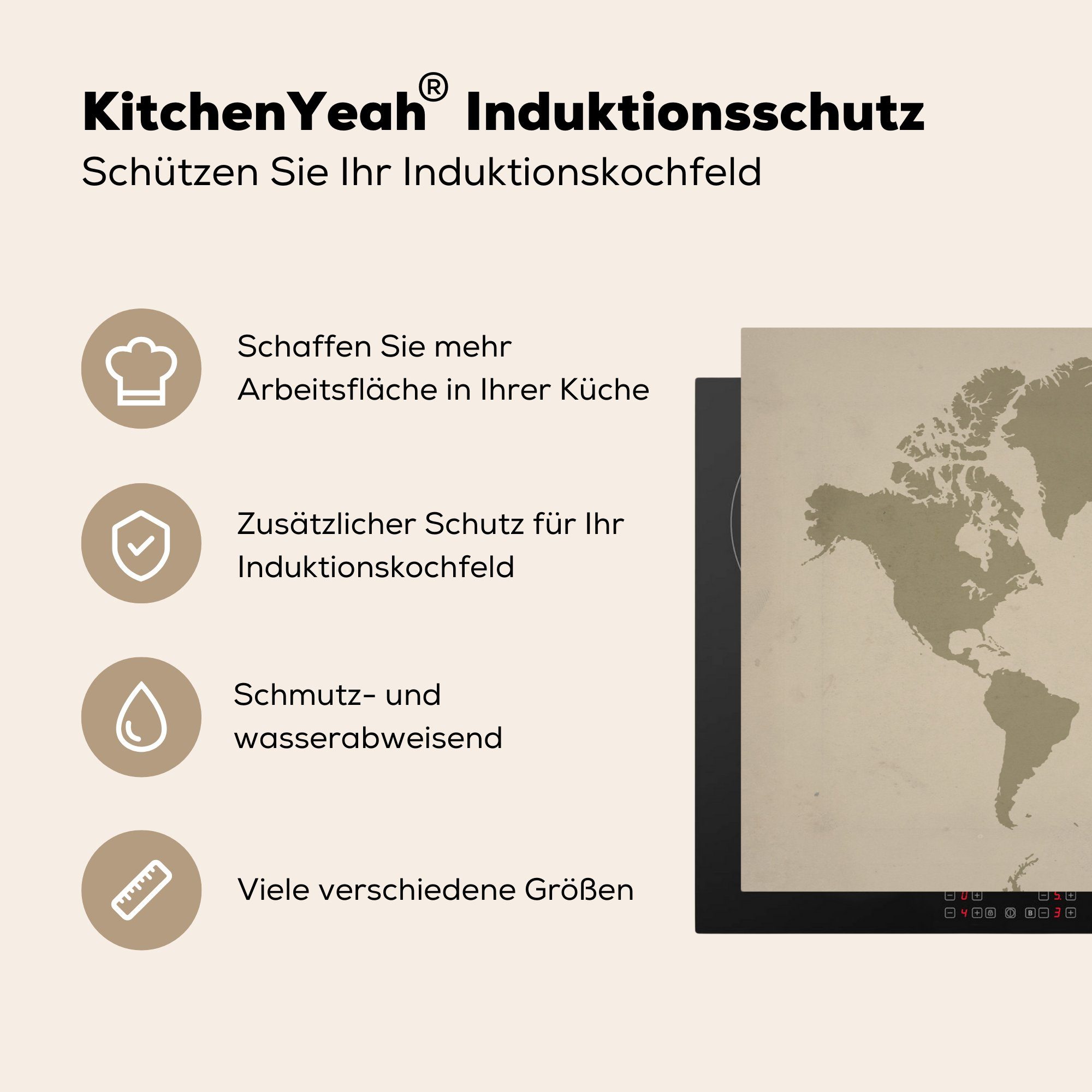 - - Induktionskochfeld MuchoWow küche, die Weltkarte für 81x52 Panther, Braun Vinyl, Schutz cm, Herdblende-/Abdeckplatte (1 tlg), Ceranfeldabdeckung