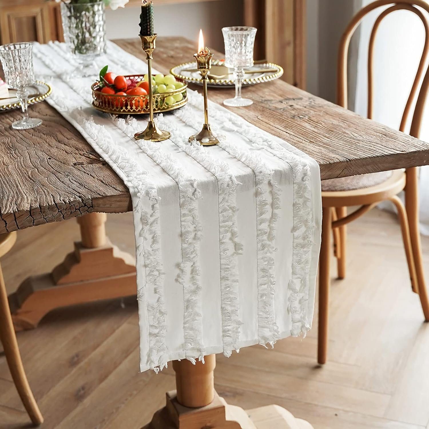 30*185cm FELIXLEO rustikaler Bauernhaus-Stil Weiß Tischläufer Naturstoff Tischläufer