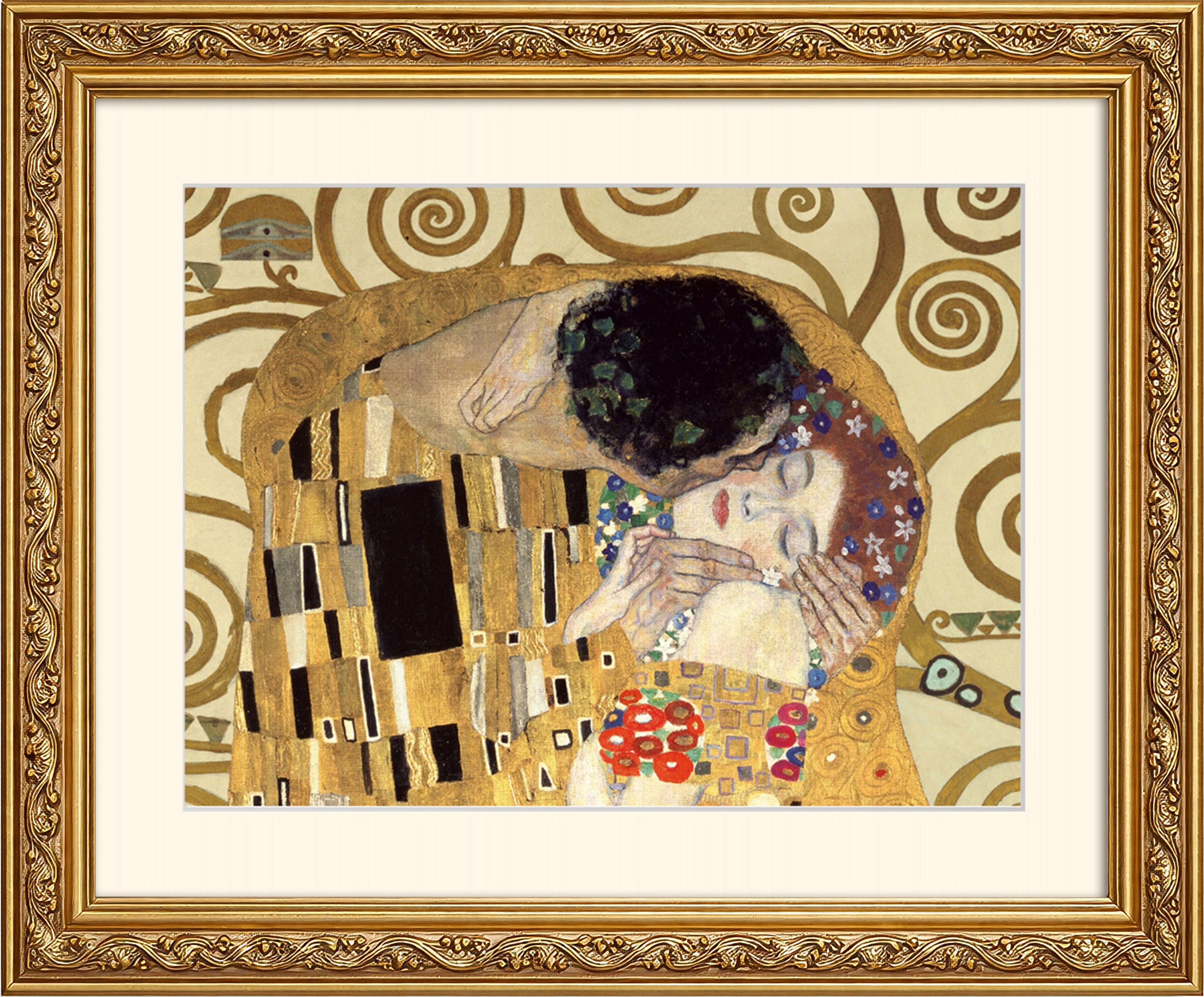 artissimo Bild mit Rahmen Wandbild gerahmt 53x63 cm Kunstdruck mit Passepartout & Barock-Rahmen, Gustav Klimt: The Kiss / Der Kuss