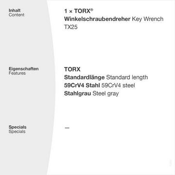 TORX Torxschlüssel Winkelschraubendreher TX9 - TX40 in Stahlgrau Torxschlüssel