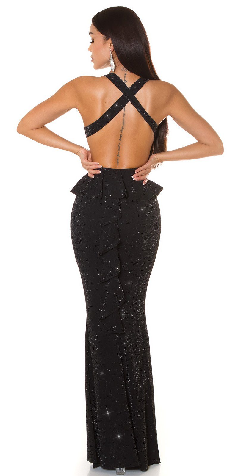 Koucla Abendkleid Maxikleid glitzerndes mit Rücken offenem schwarzsilber Schößchen und Partykleid