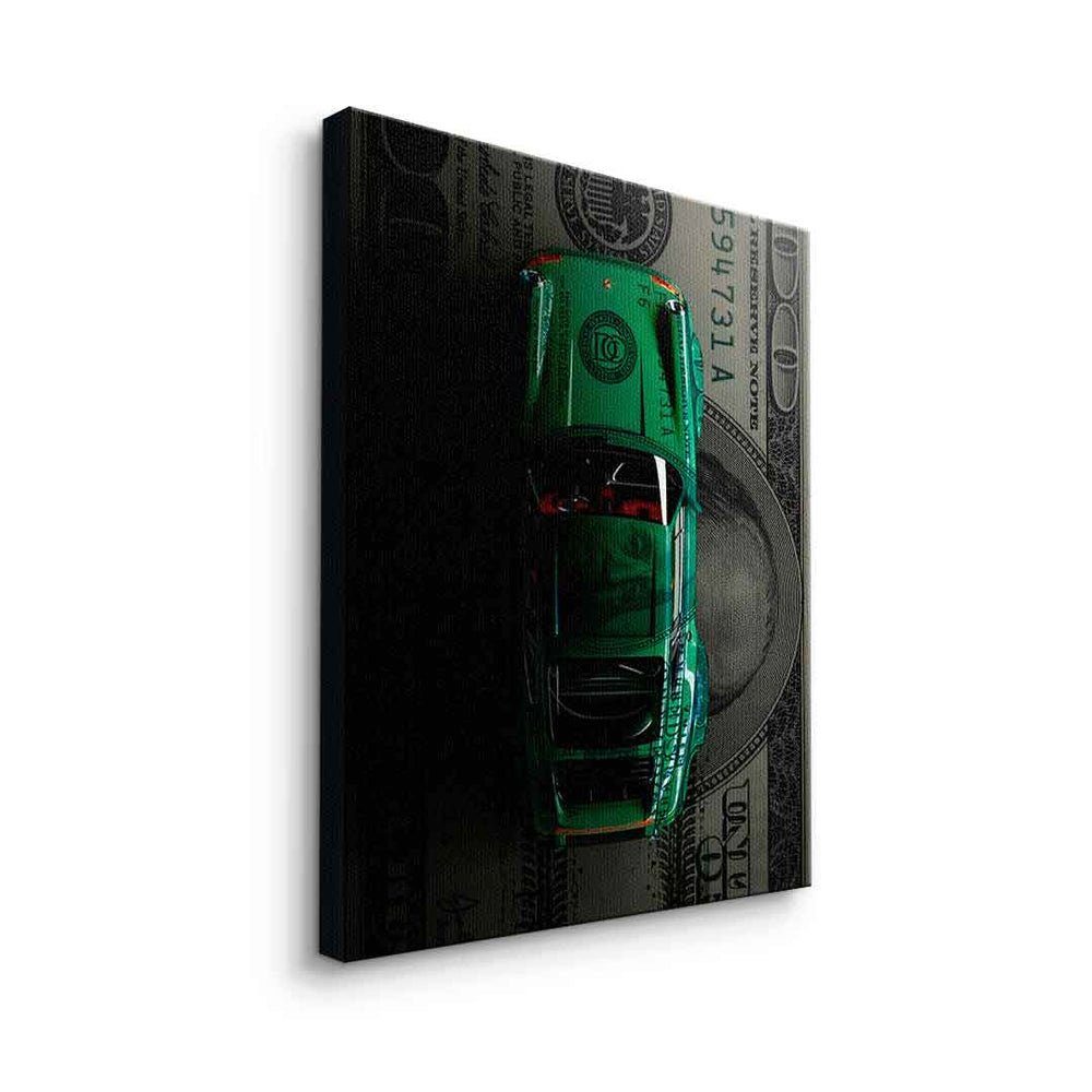 Leinwandbild Porsche Geld Erfolg Rahmen Leinwandbild, schwarzer Dollar schwarz green DOTCOMCANVAS® car g Motivation