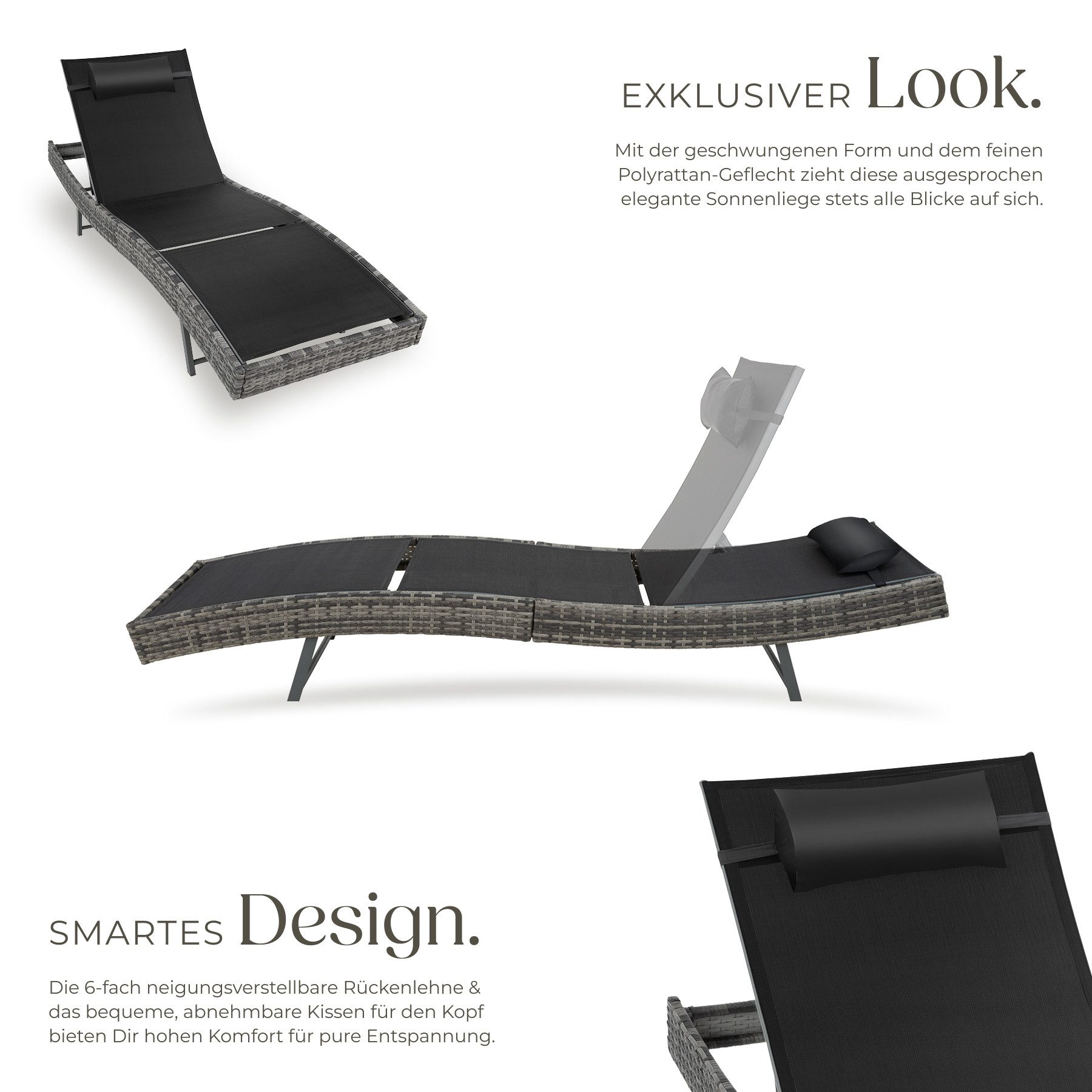 tectake Gartenliege Rattan Sonnenliege, 1 St., Moderne Sonnenliege mit sechsfach verstellbarer Rückenlehne