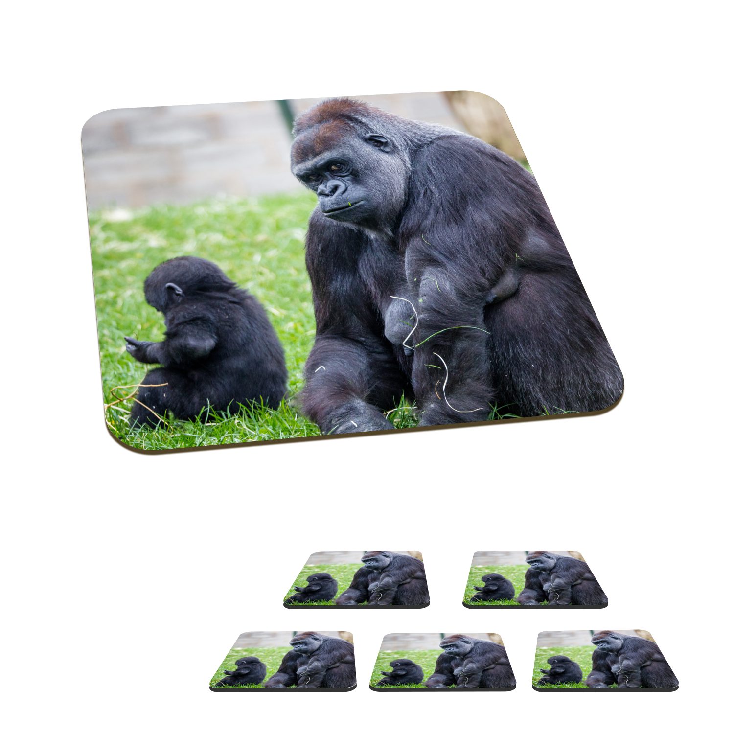 MuchoWow Glasuntersetzer Ein großer Gorilla mit seinem Baby, Zubehör für Gläser, 6-tlg., Glasuntersetzer, Tischuntersetzer, Korkuntersetzer, Untersetzer, Tasse