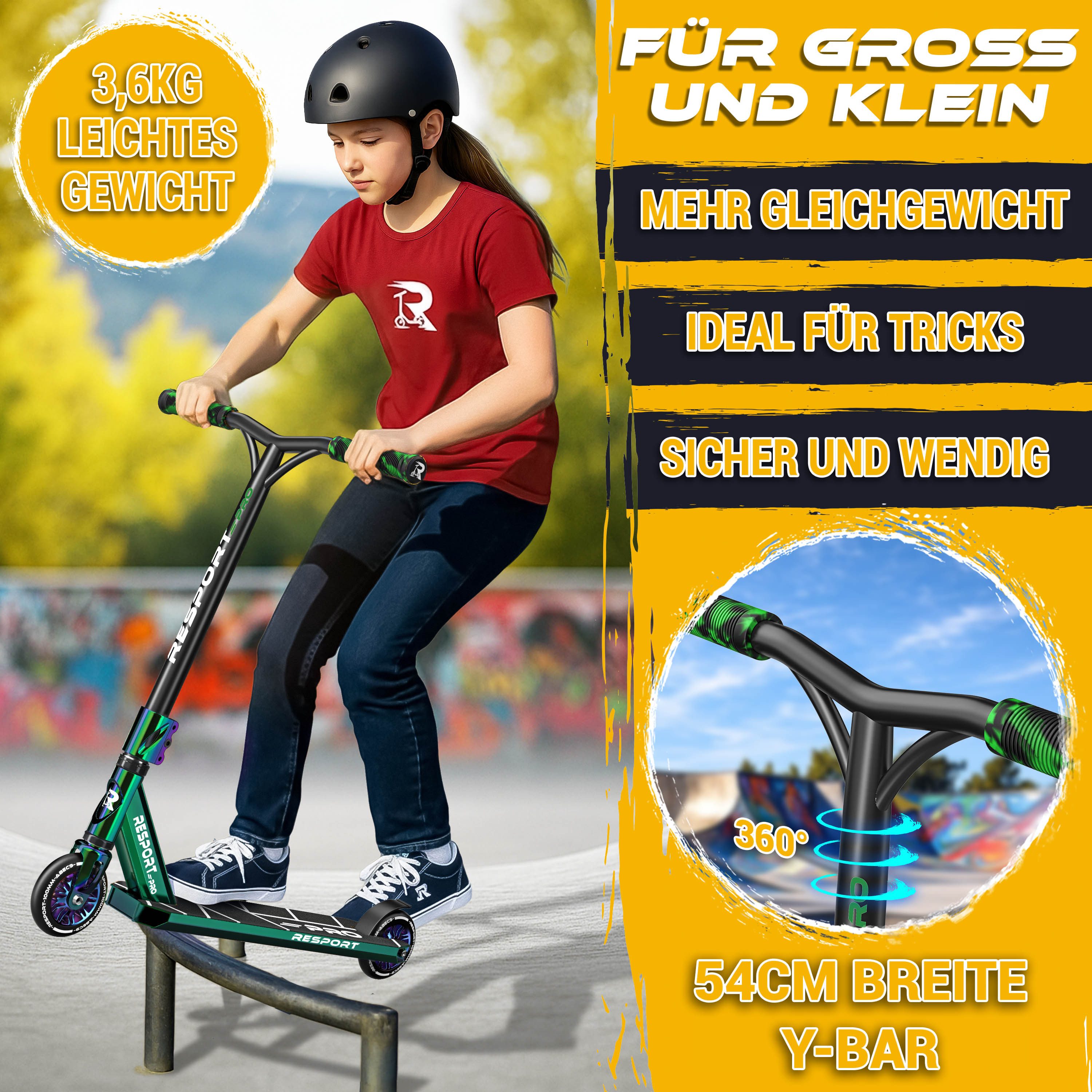 RE:SPORT Cityroller RE:SPORT® Revo Pro Stunt Scooter inkl. Ständer ABEC 9 Kugellagern, (Stuntscooter Kickscooter ABEC 9 Kugellager Trickroller, mit Ständer Profi Stuntroller 110mm PU Wheels & Y-Bar), Stunt Scooter REVO PRO für Kinder & Erwachsene