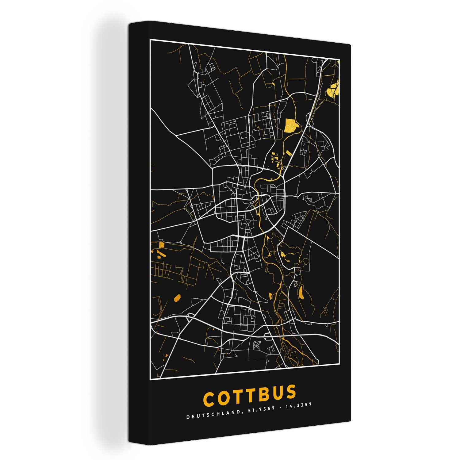 OneMillionCanvasses® Leinwandbild Cottbus - inkl. Gold bespannt St), Stadtplan (1 Deutschland, 20x30 Zackenaufhänger, Gemälde, - fertig - Karte Leinwandbild cm 