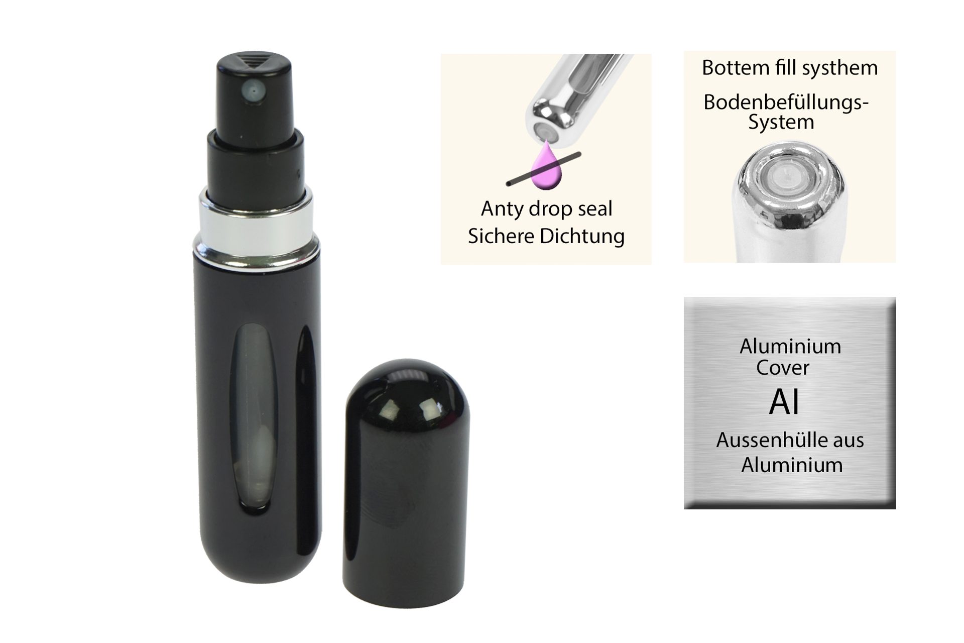 Fantasia Beauty Parfümzerstäuber Taschenzerstäuber, schwarz, für 5 ml, mit Füllautomatik (1 St), für 5 ml Inhalt, Aluminium, Füllautomatik, Sichtfenster