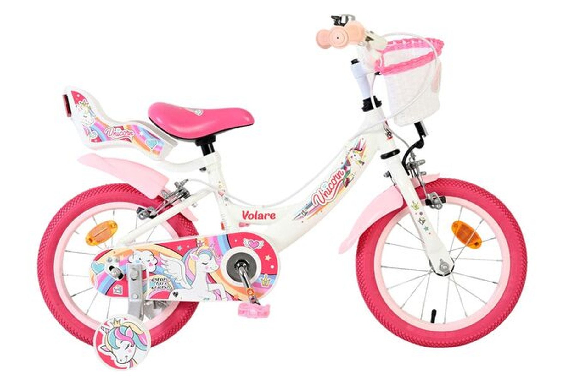 Volare Kinderfahrrad Unicorn Mädchen 14 Zoll Weiß mit Einhorn-Design, zwei Handbremsen, Geschlossener Kettenkasten, Luftreifen mit pinkfarbener Optik