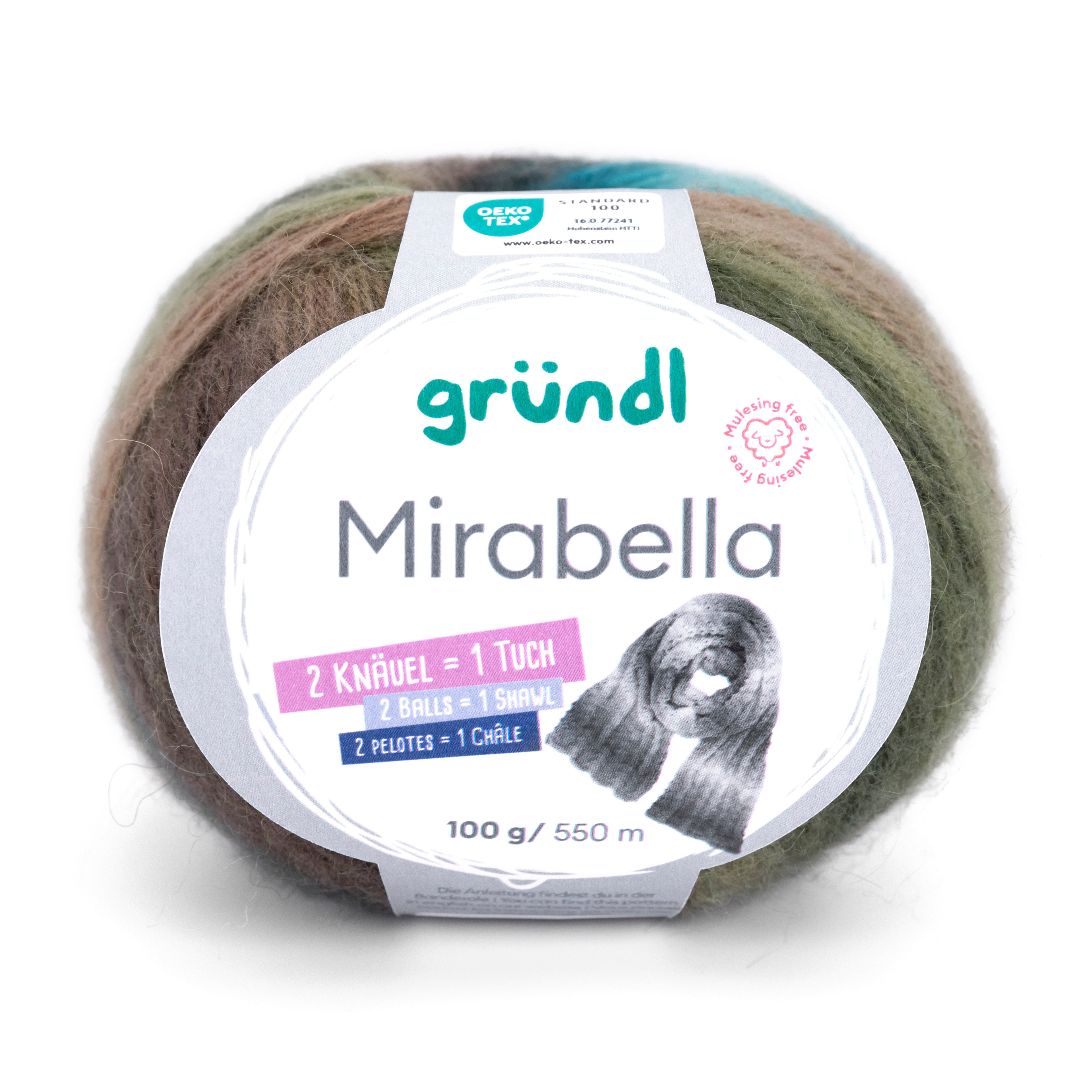 Gründl Wolle Mirabella Farbverlaufsgarn mit Anleitung Häkelwolle, 550,00 m (Wolle Farbverlaufswolle zum Stricken und Häkeln, Strickwolle, Strickgarn, Handstrickgarn), 80% Polyacryl, 20% Wolle