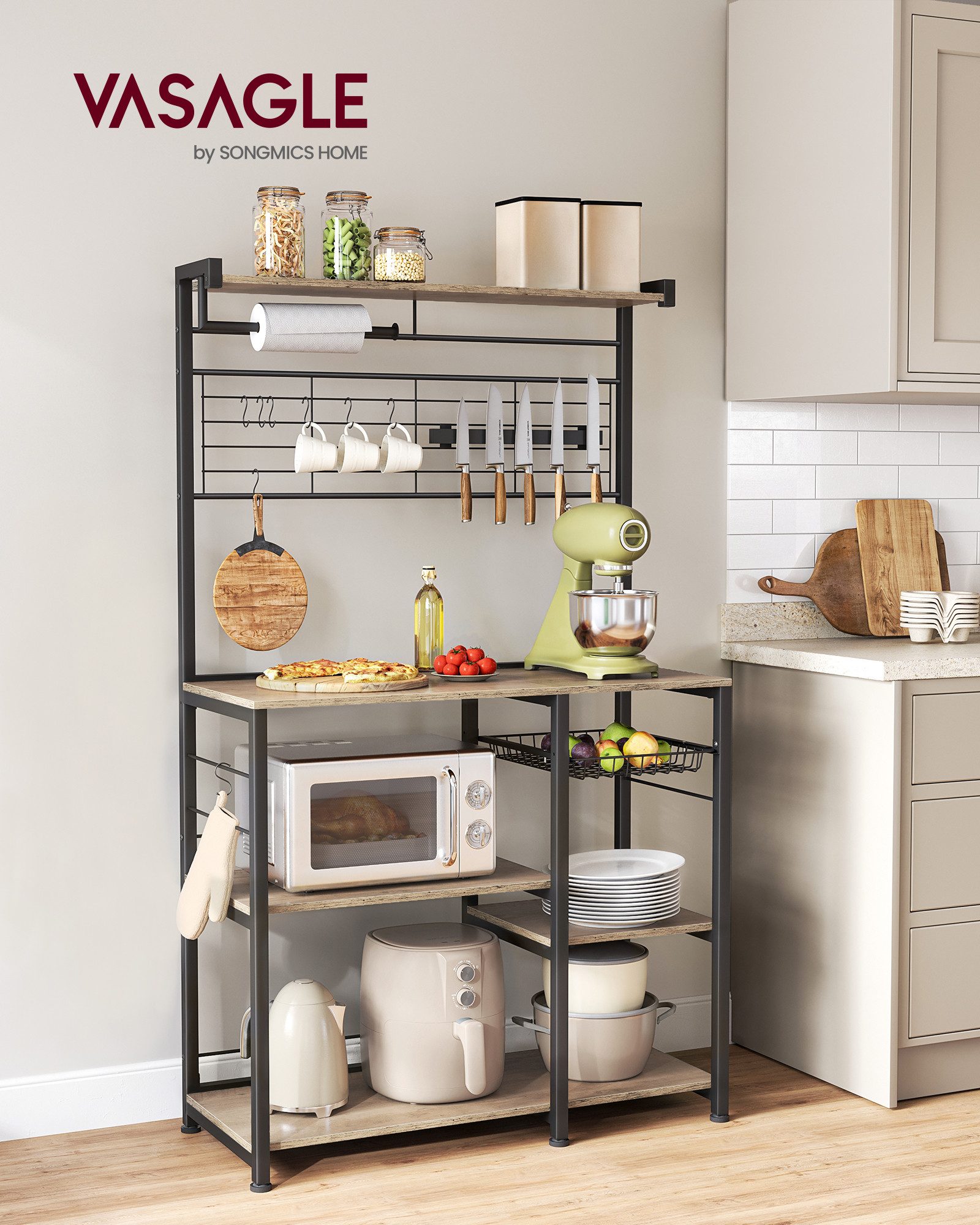 VASAGLE Standregal, Küchenregal, mit Magnetleiste für Messer, Drahtkorb, Ro günstig online kaufen