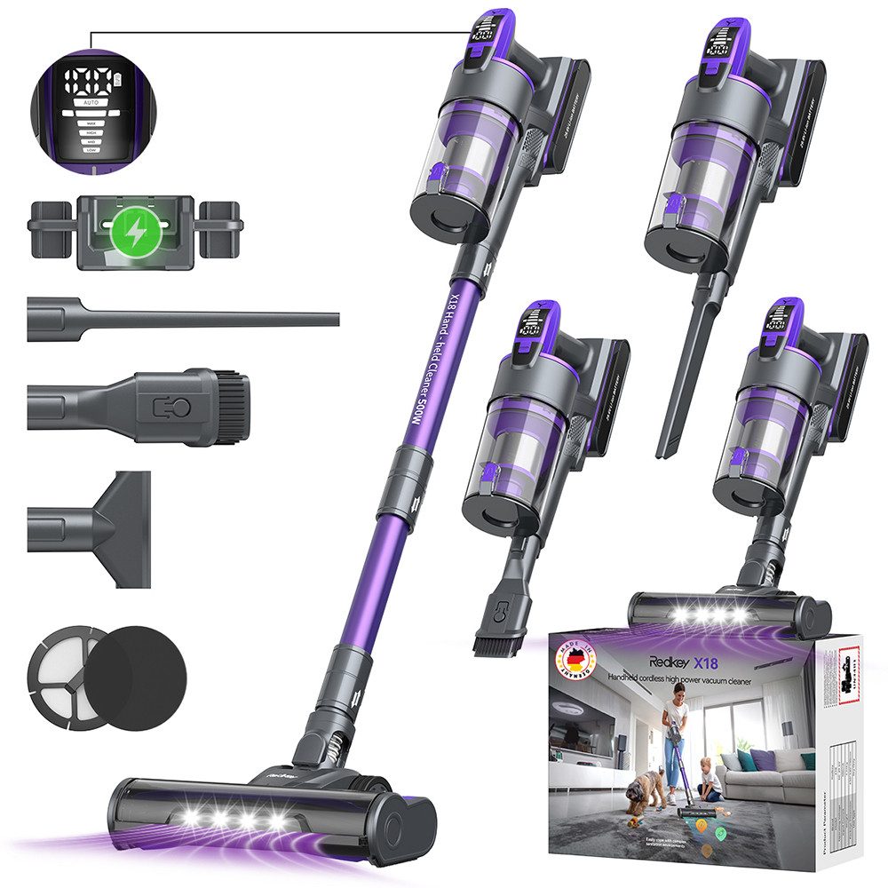 Redkey Hand-und Stielstaubsauger 85000Pa 2025 AkkuStaubsauger 100mins Akku-Hand-und Stielstaubsauger, 500 W, mit Beutel, Ultraleiser, kabelloser Stabstaubsauger mit intelligentem Display