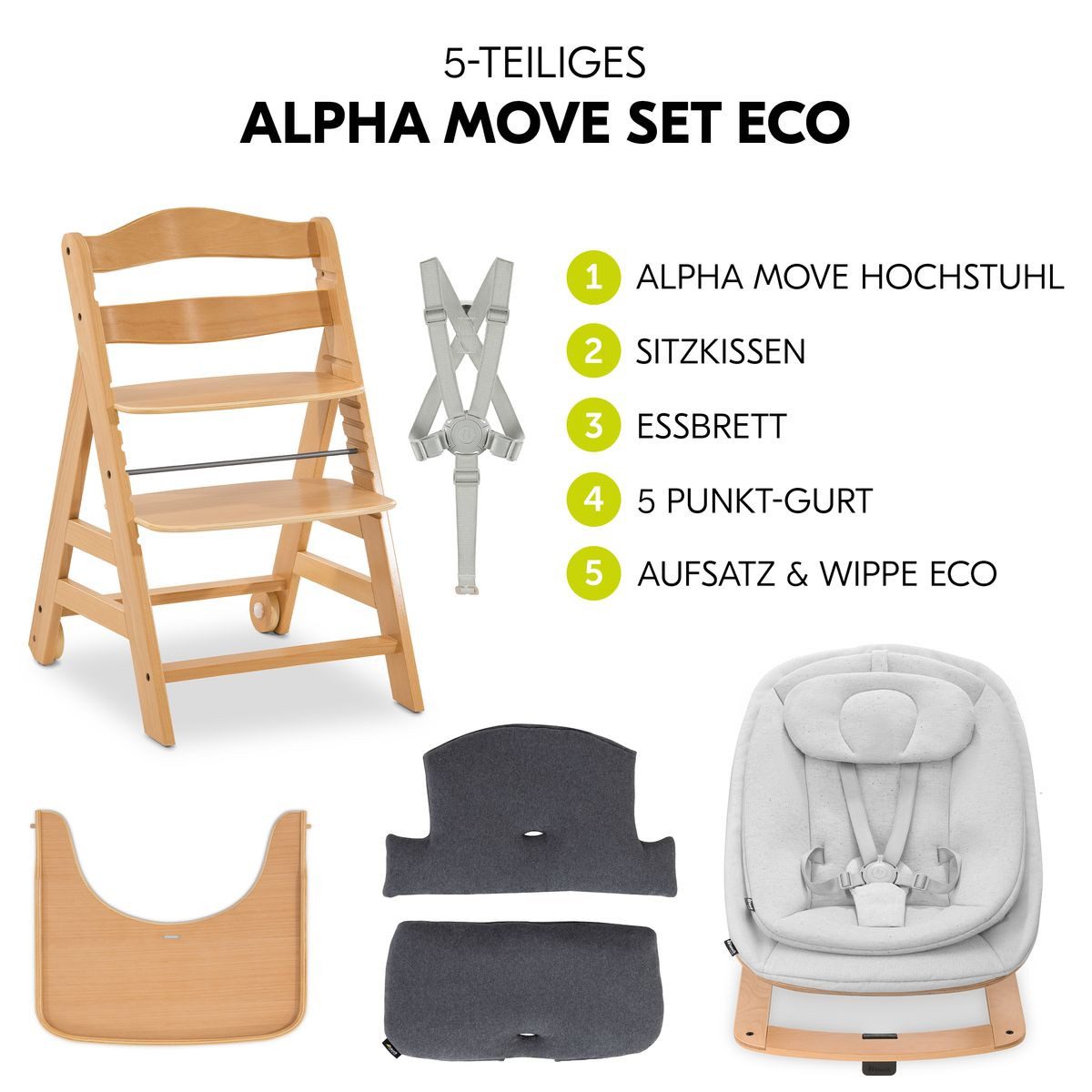 Hauck Hochstuhl Alpha Move Natur - Light Grey / Charcoal, Holz Babystuhl ab Geburt mit Neugeborenensufsatz, Sitzkissen, Essbrett