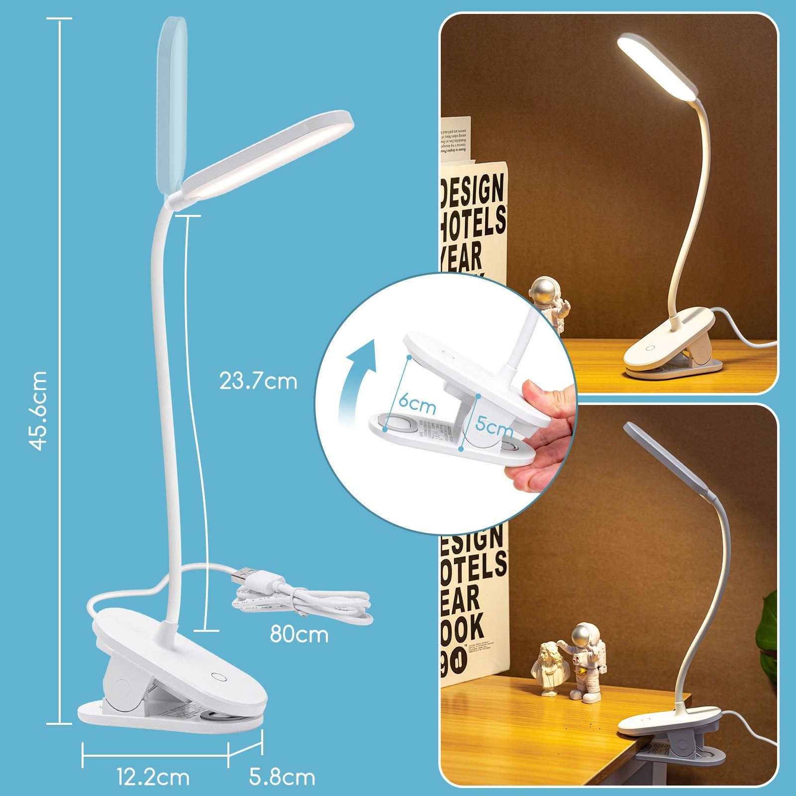 Aigostar Schreibtischlampe LED Leselampe mit 3 Helligkeitsmodi, 4000K, USB-Ladekabel – Bild 3 von 5